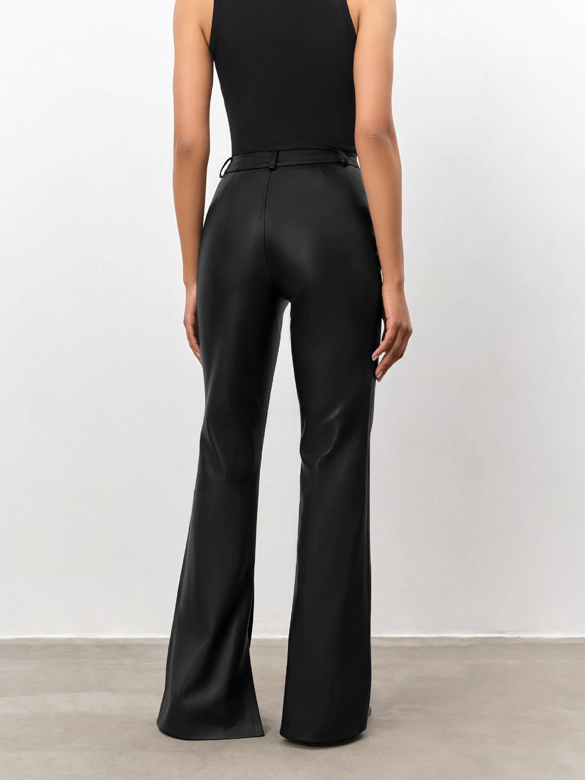 High Waisted Leather Straight Leg Flare Pants-Chicvia