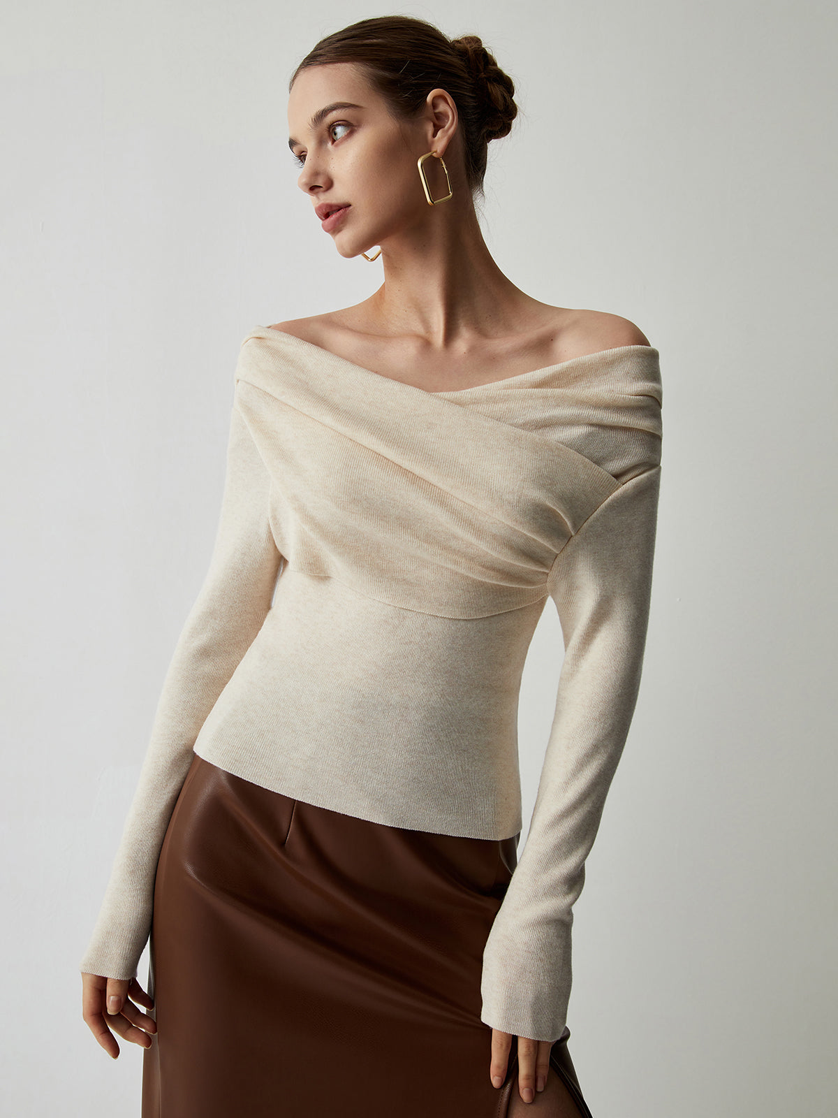 Off Shoulder Wrap Long Sleeve Knit Top-Chicvia