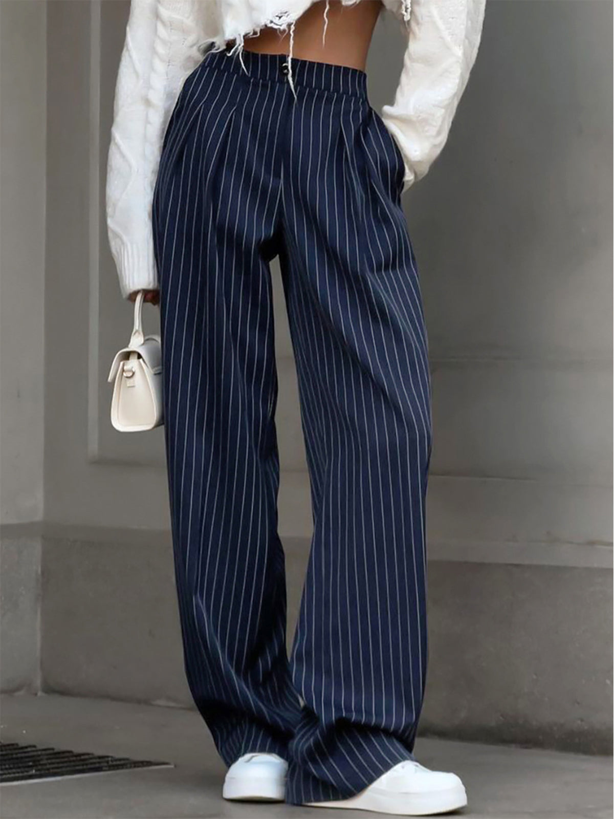 Pinstripe Pleated Wide-Leg Pants-Chicvia