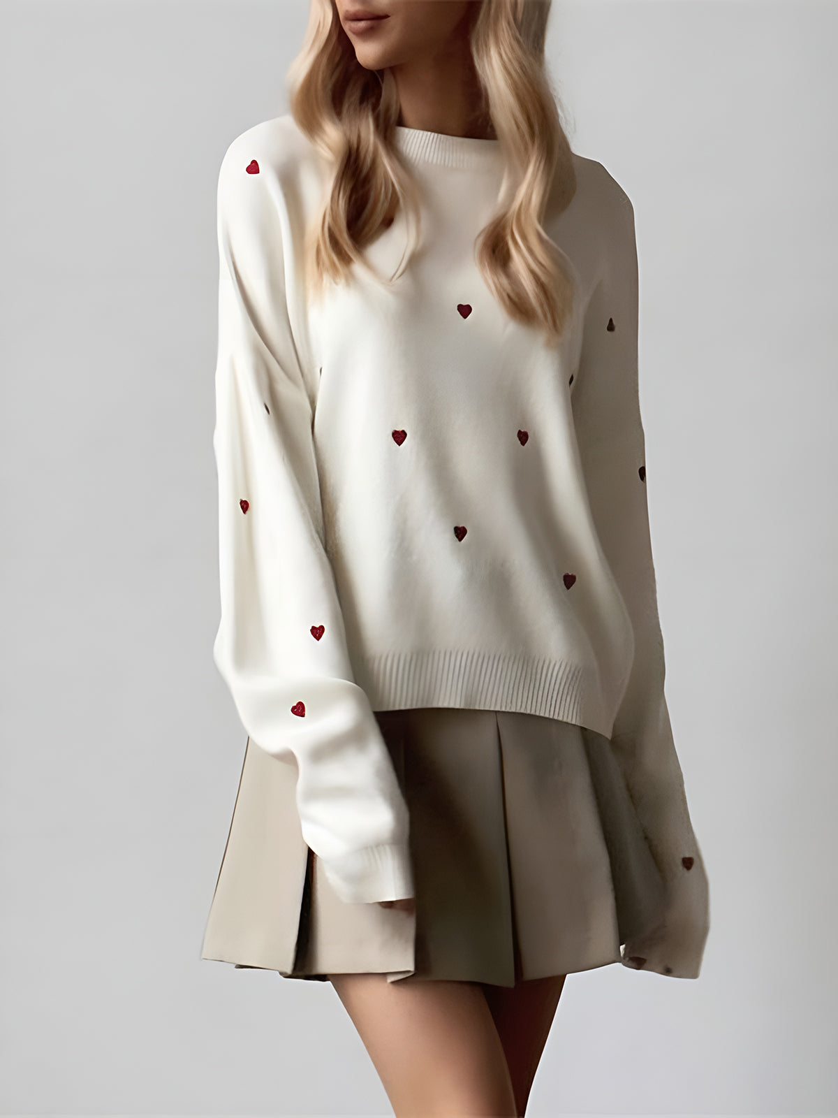 Embroidered Heart Oversized Knit Sweater-Chicvia