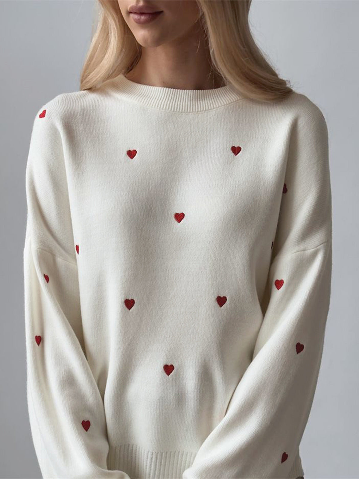 Embroidered Heart Oversized Knit Sweater-Chicvia