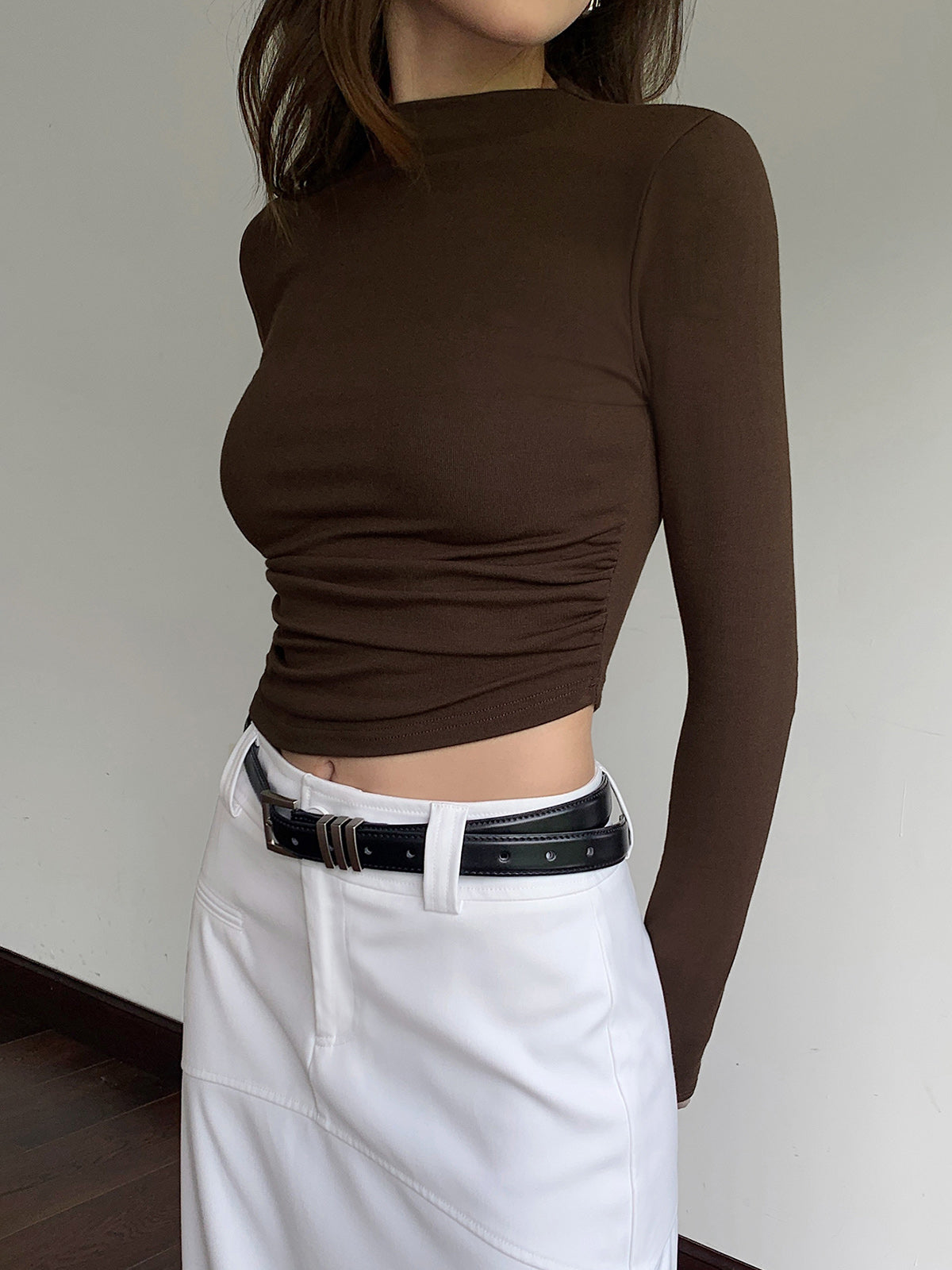 Mock Neck Slinky Long Sleeve Ribbed Knit Crop Shirt-Chicvia