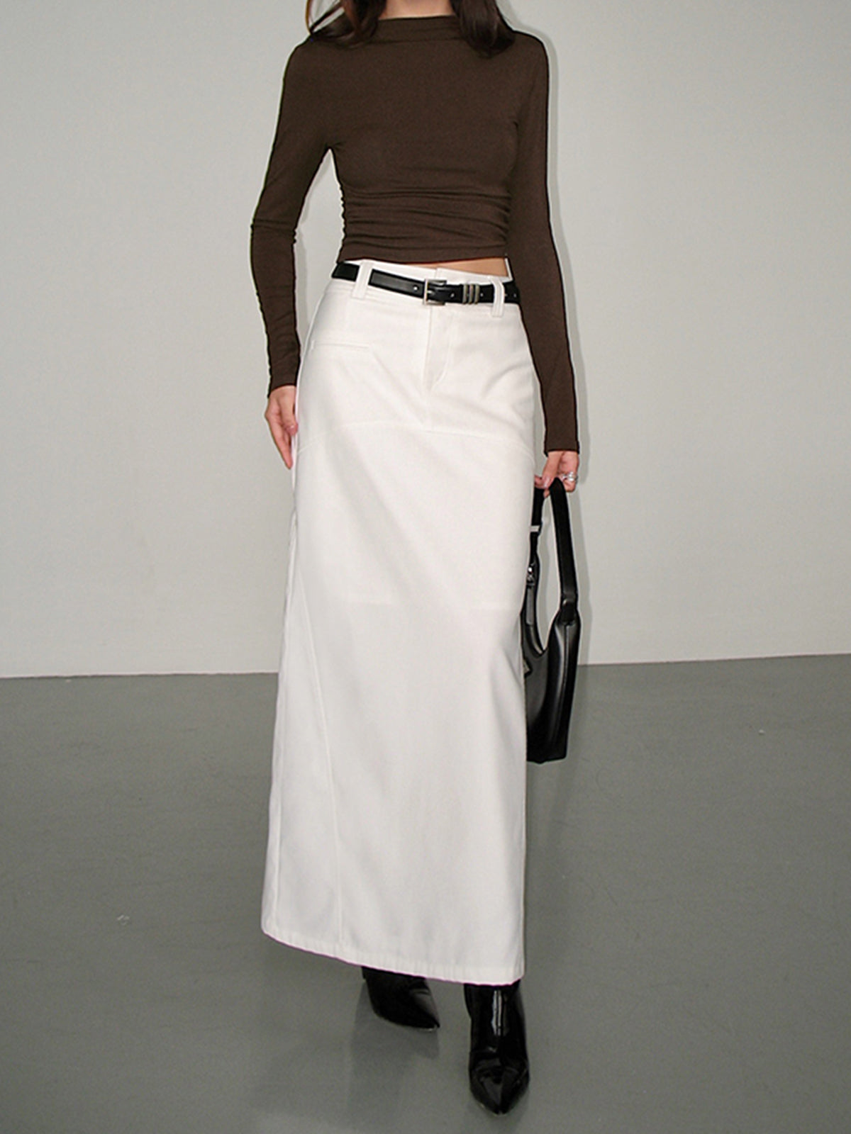 Mock Neck Slinky Long Sleeve Ribbed Knit Crop Shirt-Chicvia