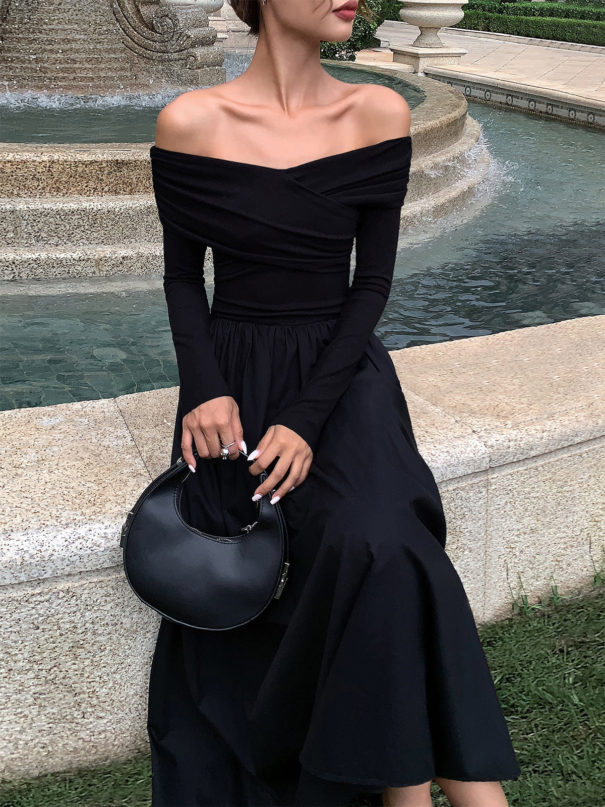 Off Shoulder Criss Cross Long Dress-Chicvia