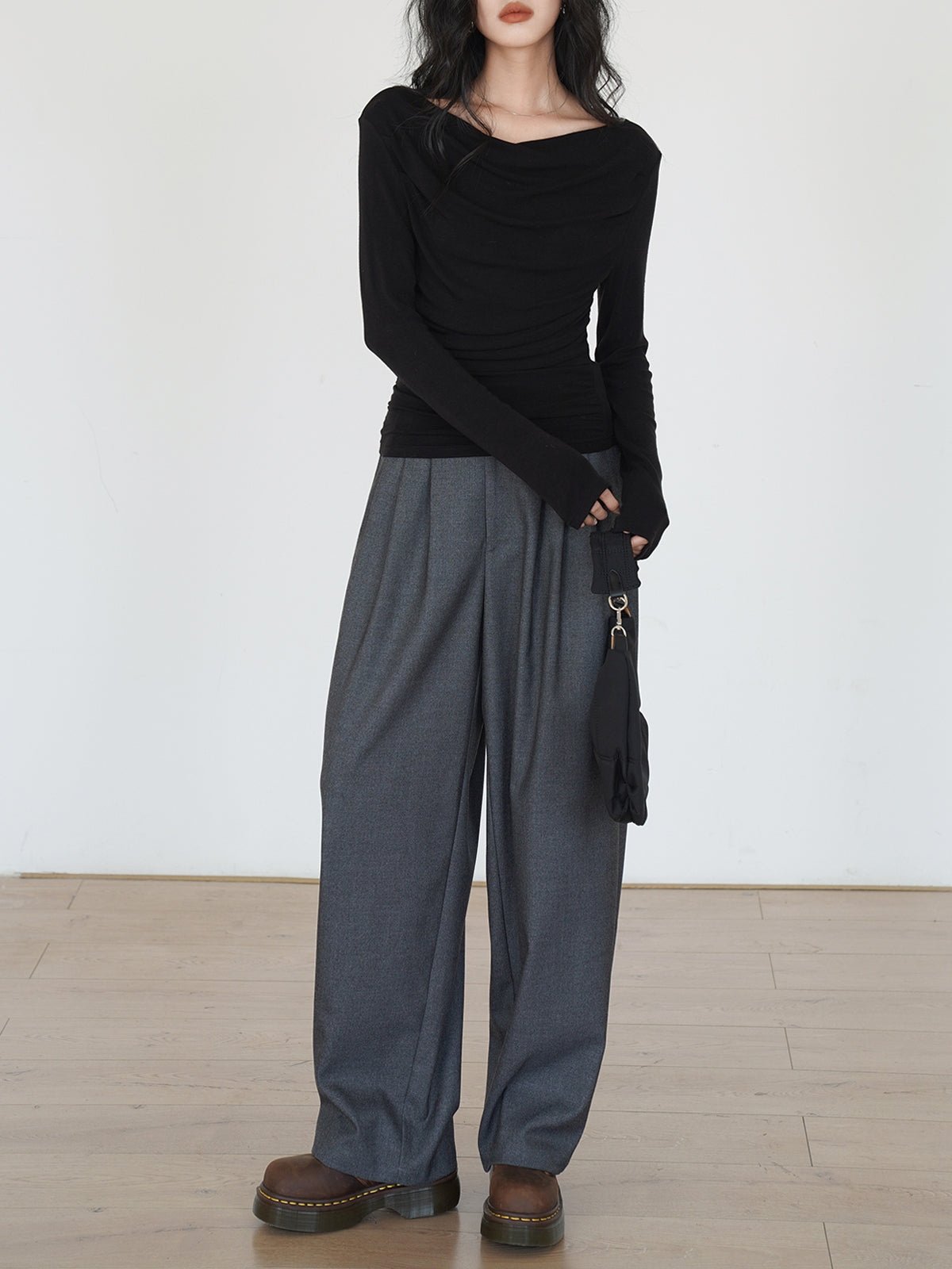 Draped Long Sleeve Slinky Shirt-Chicvia