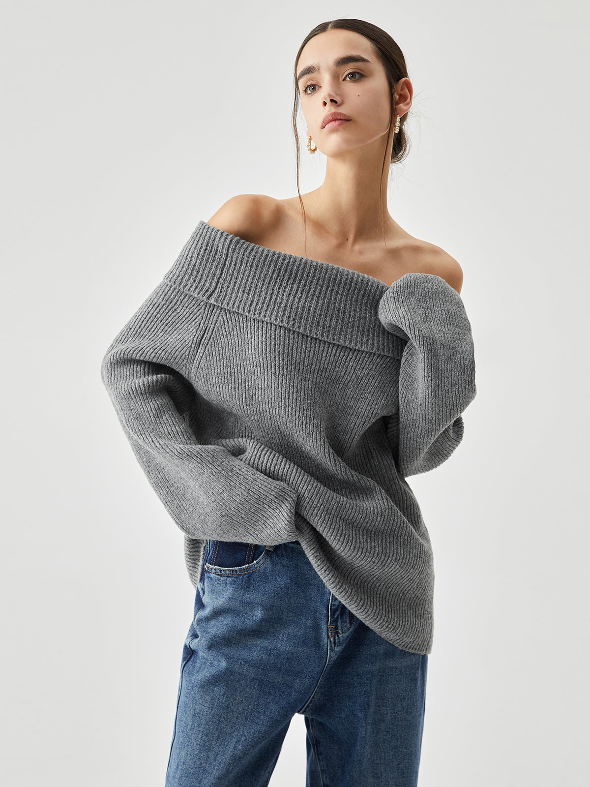 Oversized Overfold Off Shoulder Knit Sweater-Chicvia
