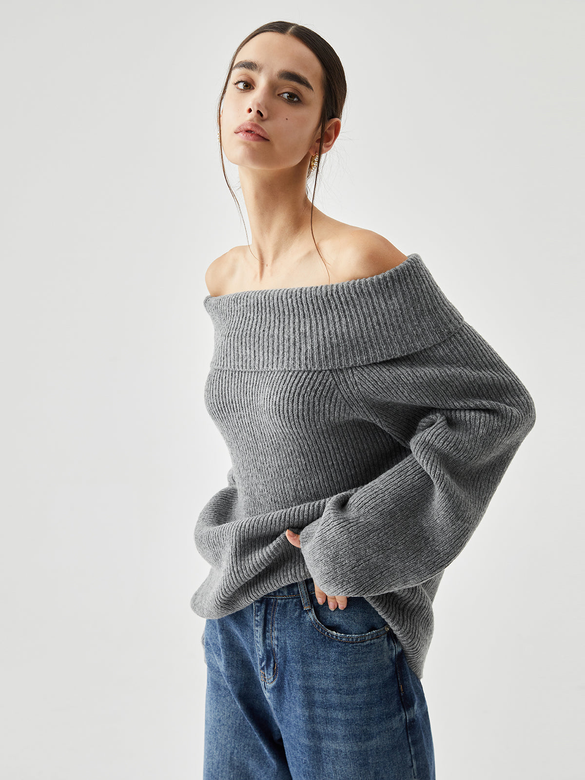 Oversized Overfold Off Shoulder Knit Sweater-Chicvia