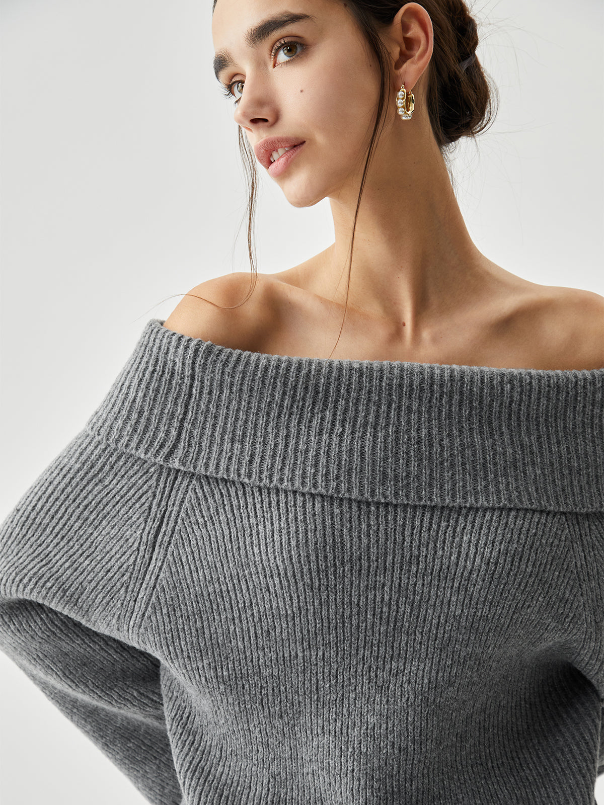 Oversized Overfold Off Shoulder Knit Sweater-Chicvia