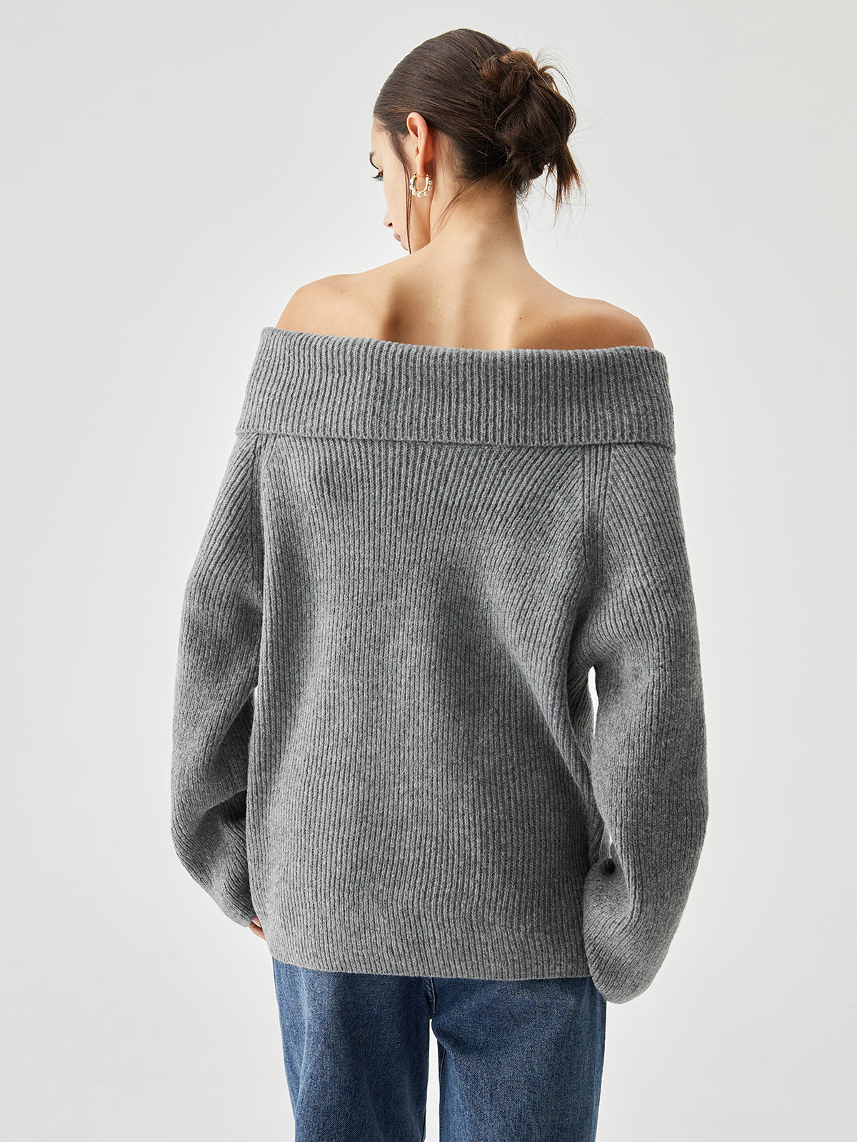Oversized Overfold Off Shoulder Knit Sweater-Chicvia
