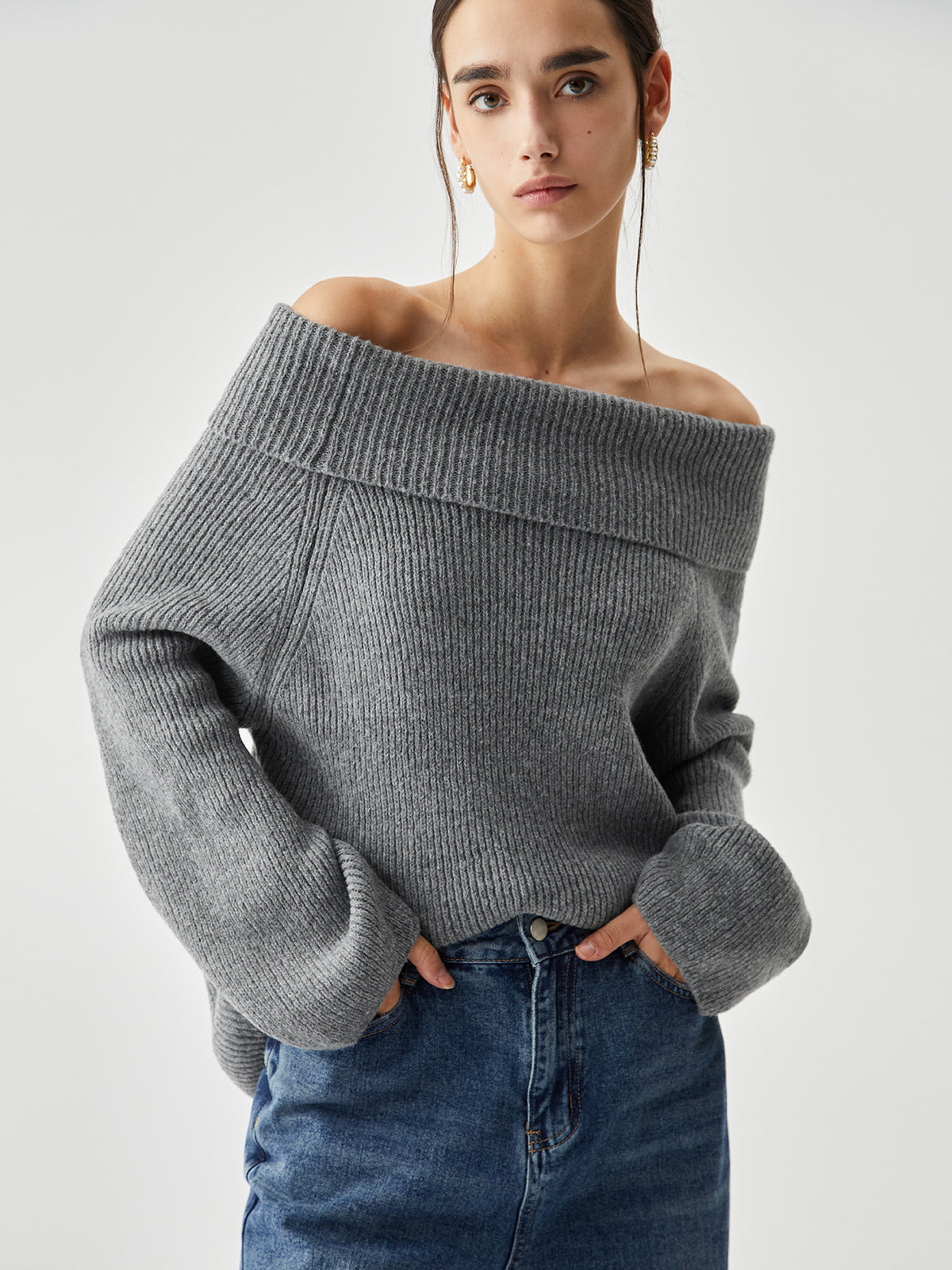 Oversized Overfold Off Shoulder Knit Sweater-Chicvia