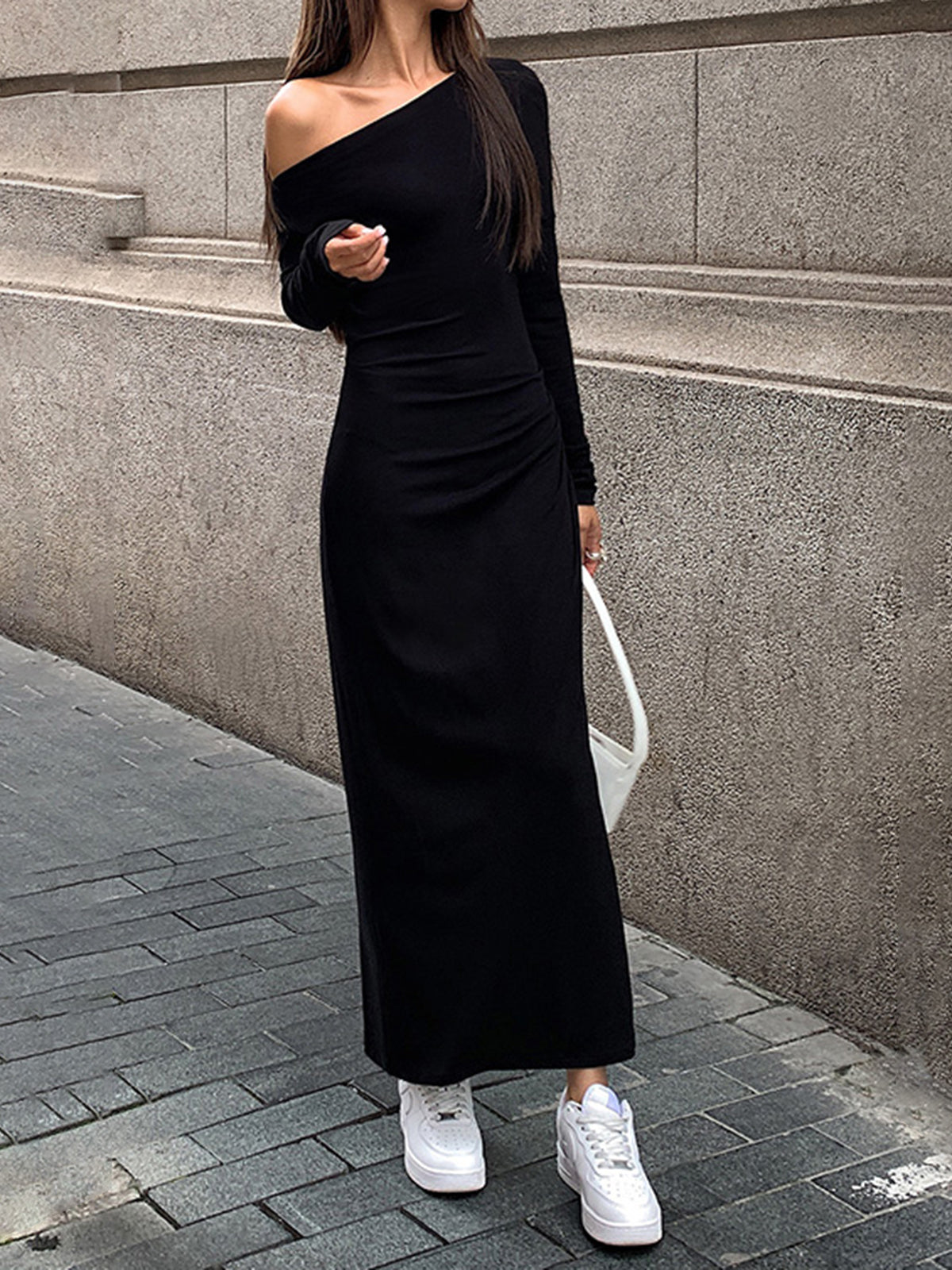 Off Shoulder Ribbed Long Sleeve Knit Long Dress-Chicvia