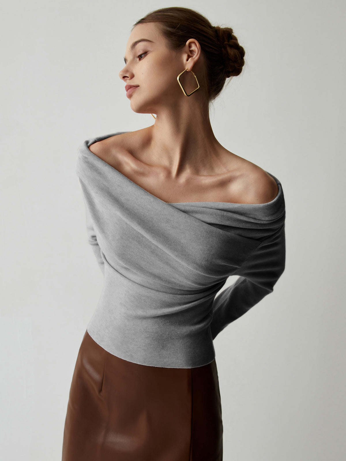 Off Shoulder Wrap Long Sleeve Knit Top-Chicvia