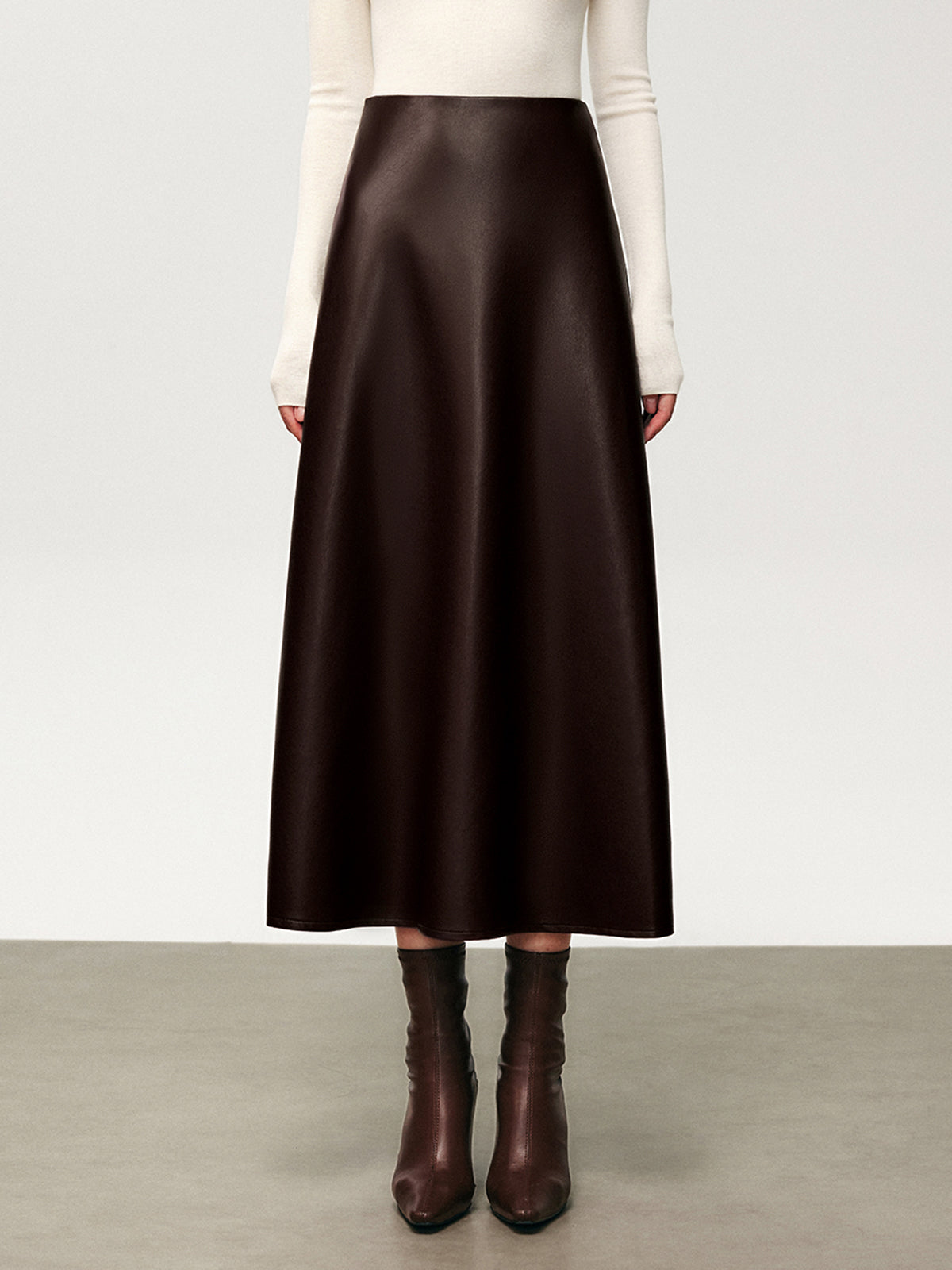 Pleated Faux Leather Midi Skirt-Chicvia