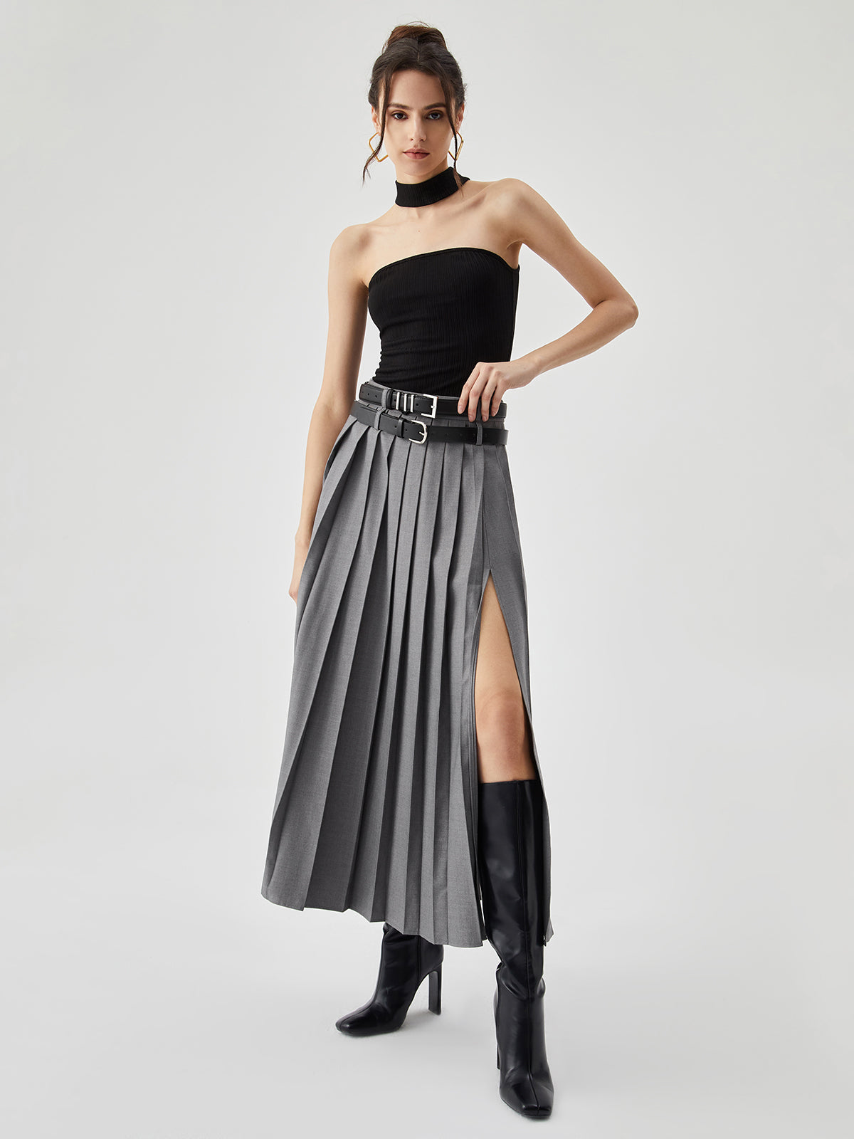 Pleated Split Maxi Skirt Without Belt-Chicvia