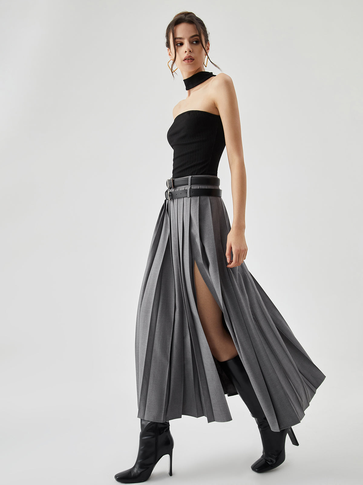 Pleated Split Maxi Skirt Without Belt-Chicvia