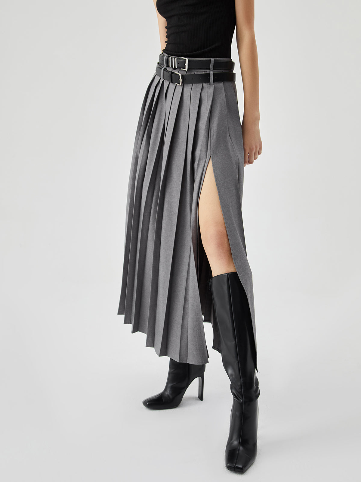 Pleated Split Maxi Skirt Without Belt-Chicvia