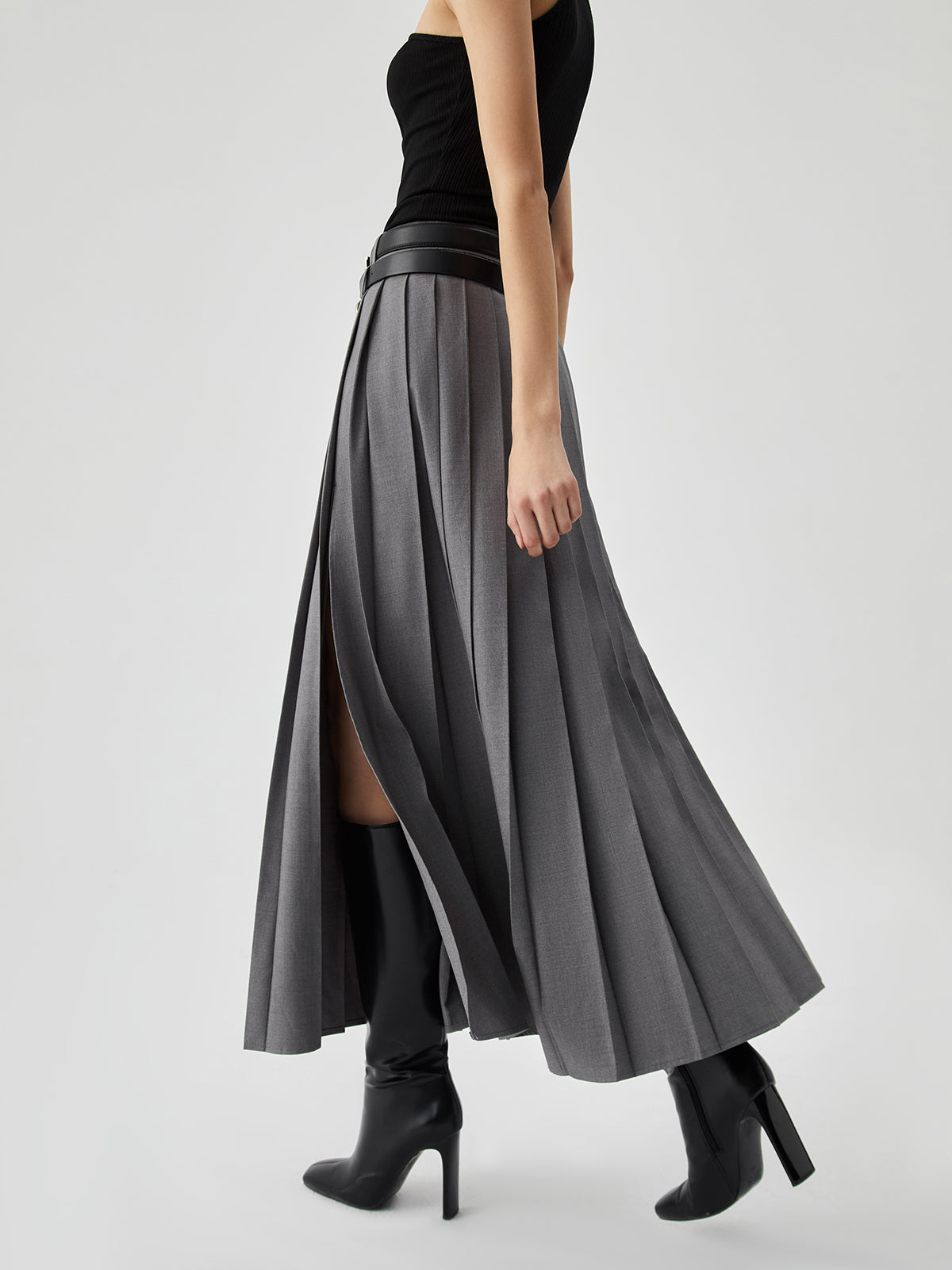 Pleated Split Maxi Skirt Without Belt-Chicvia