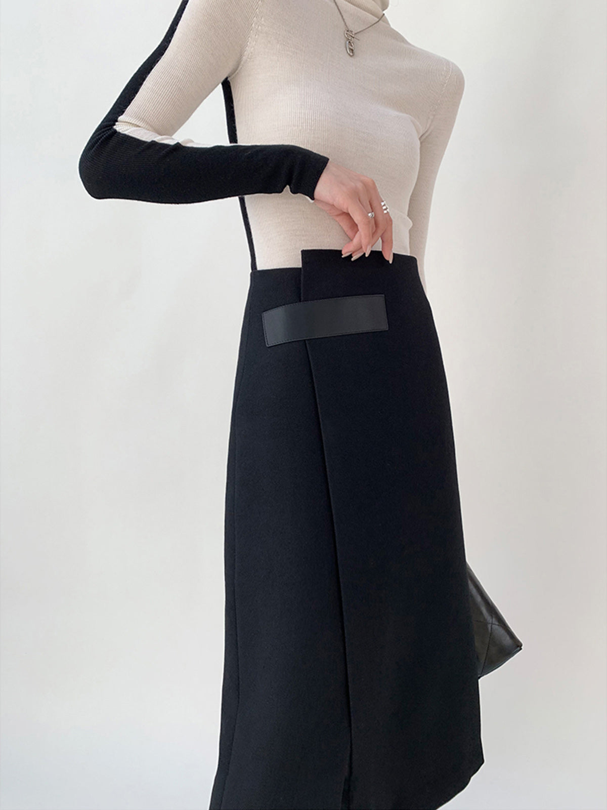 High Waist Tweed Asymmetric Wrap Midi Skirt-Chicvia