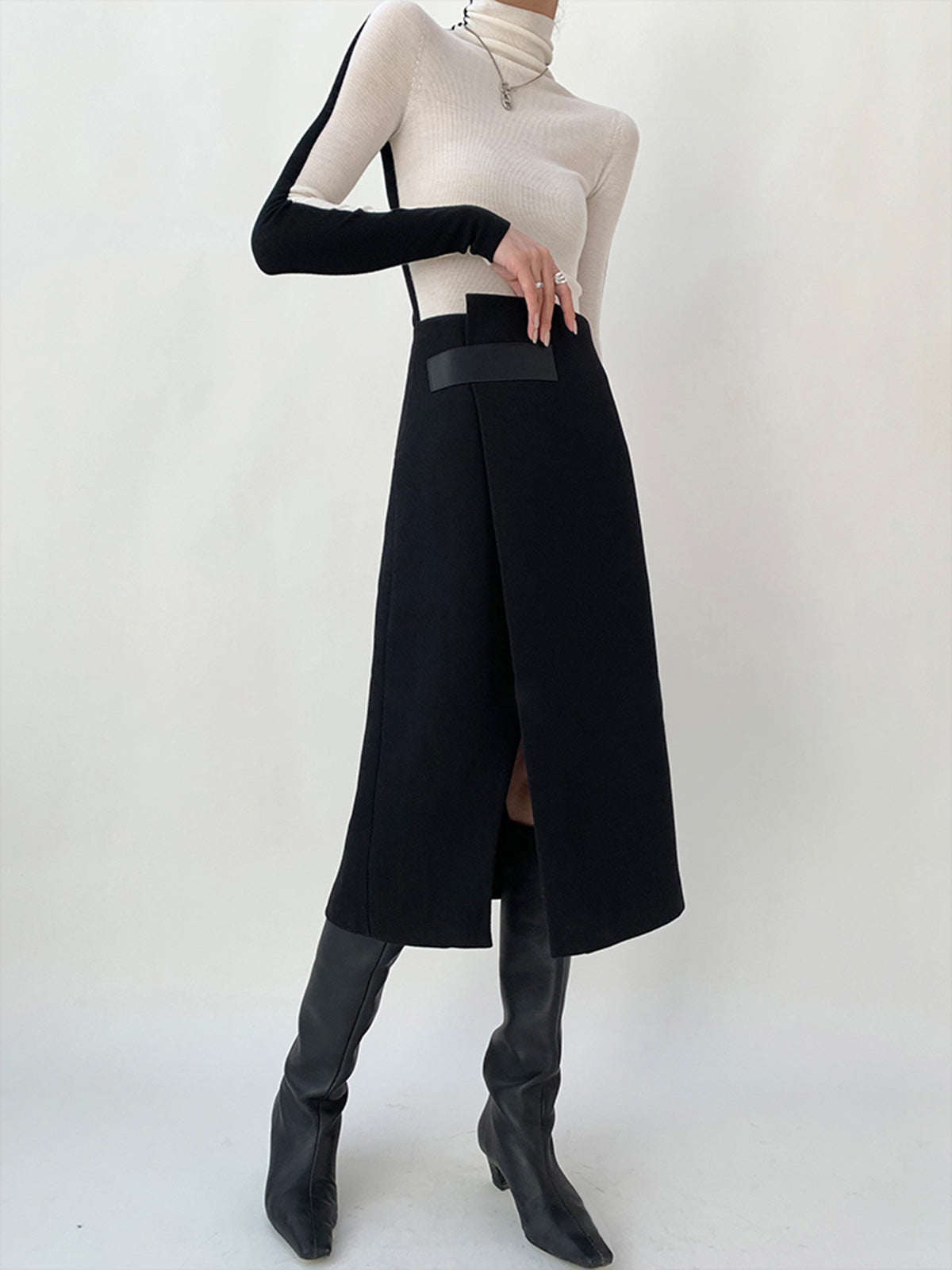 High Waist Tweed Asymmetric Wrap Midi Skirt-Chicvia