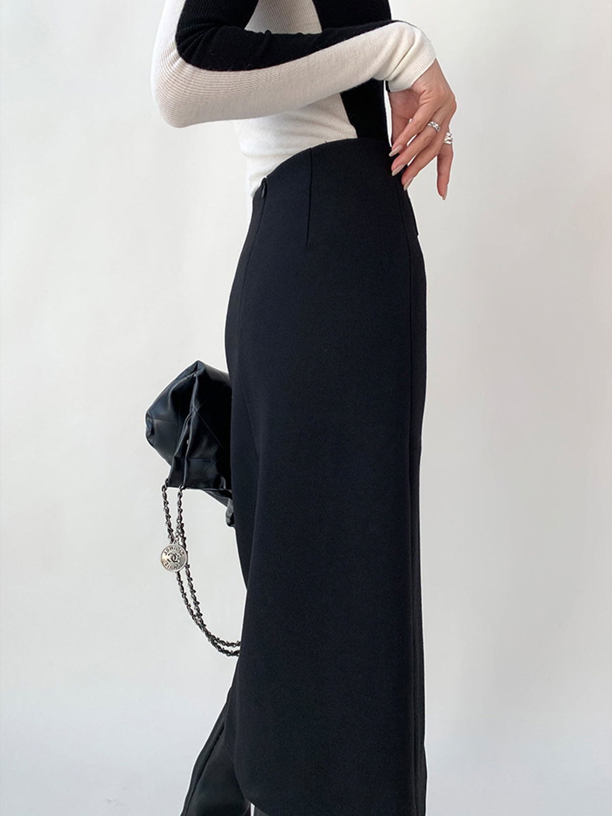 High Waist Tweed Asymmetric Wrap Midi Skirt-Chicvia