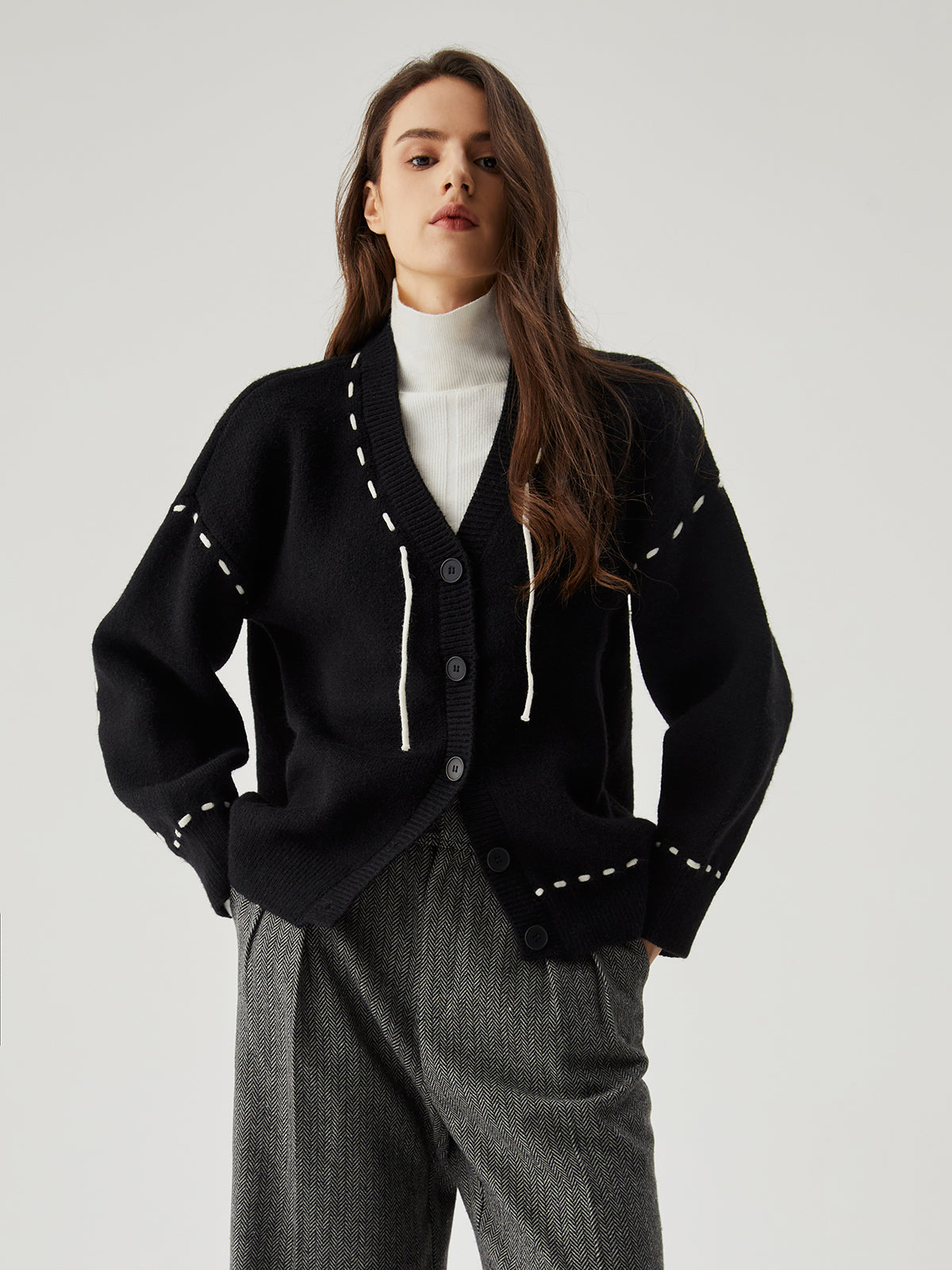 Knit Contrast Trim Button Down Cardigan-Chicvia