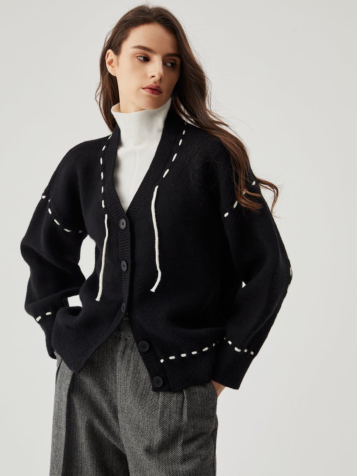 Knit Contrast Trim Button Down Cardigan-Chicvia