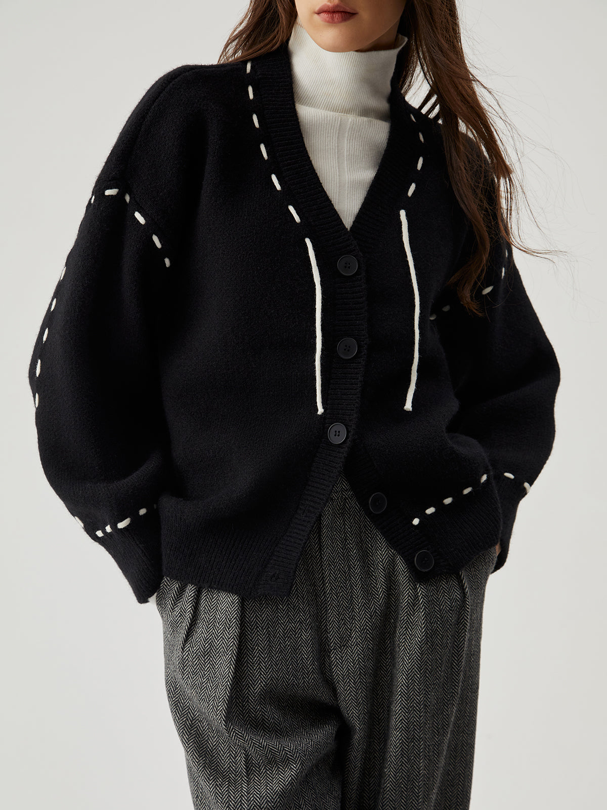 Knit Contrast Trim Button Down Cardigan-Chicvia