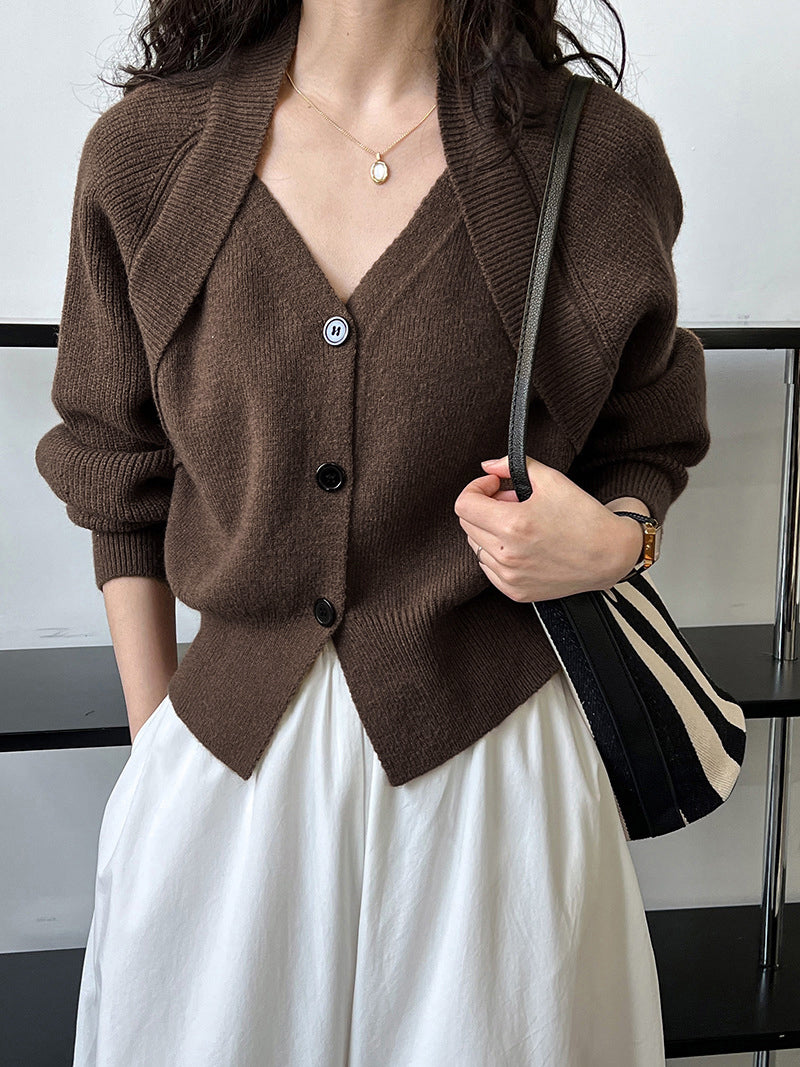 Patchwork V-neck Button Sweater-Chicvia