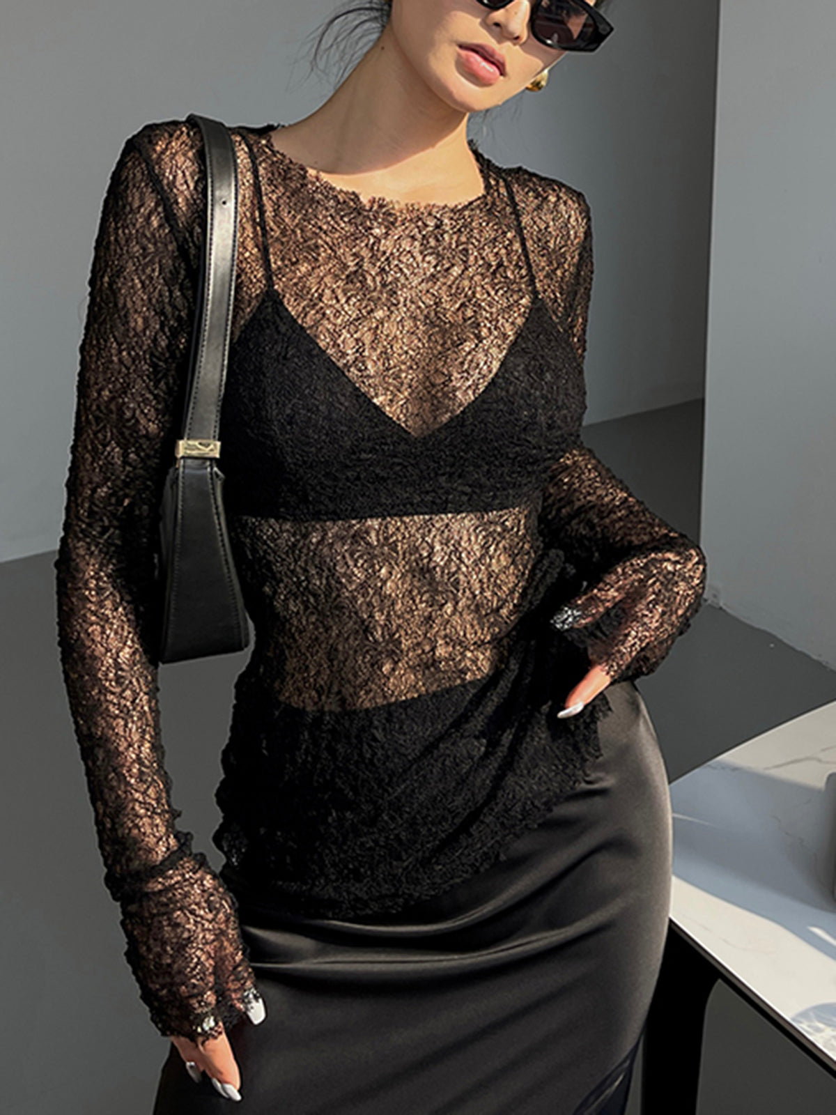 Lace Raw Hem Crew Neck Long Sleeve Top-Chicvia