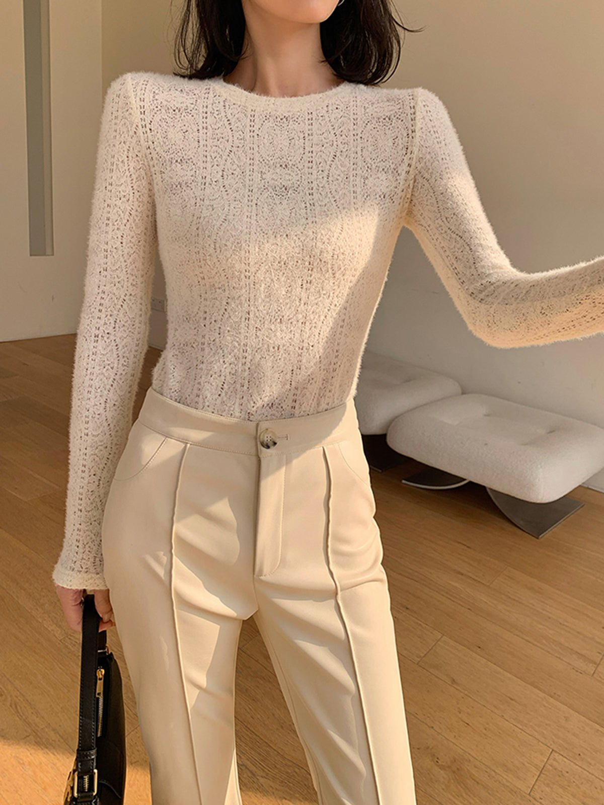 Floral Hollow Knit Crew Neck Long Sleeve Top-Chicvia