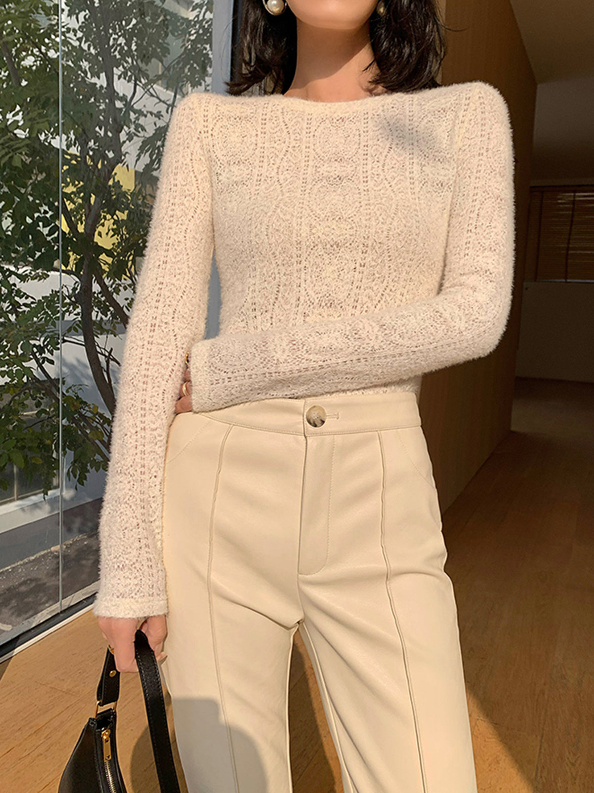 Floral Hollow Knit Crew Neck Long Sleeve Top-Chicvia