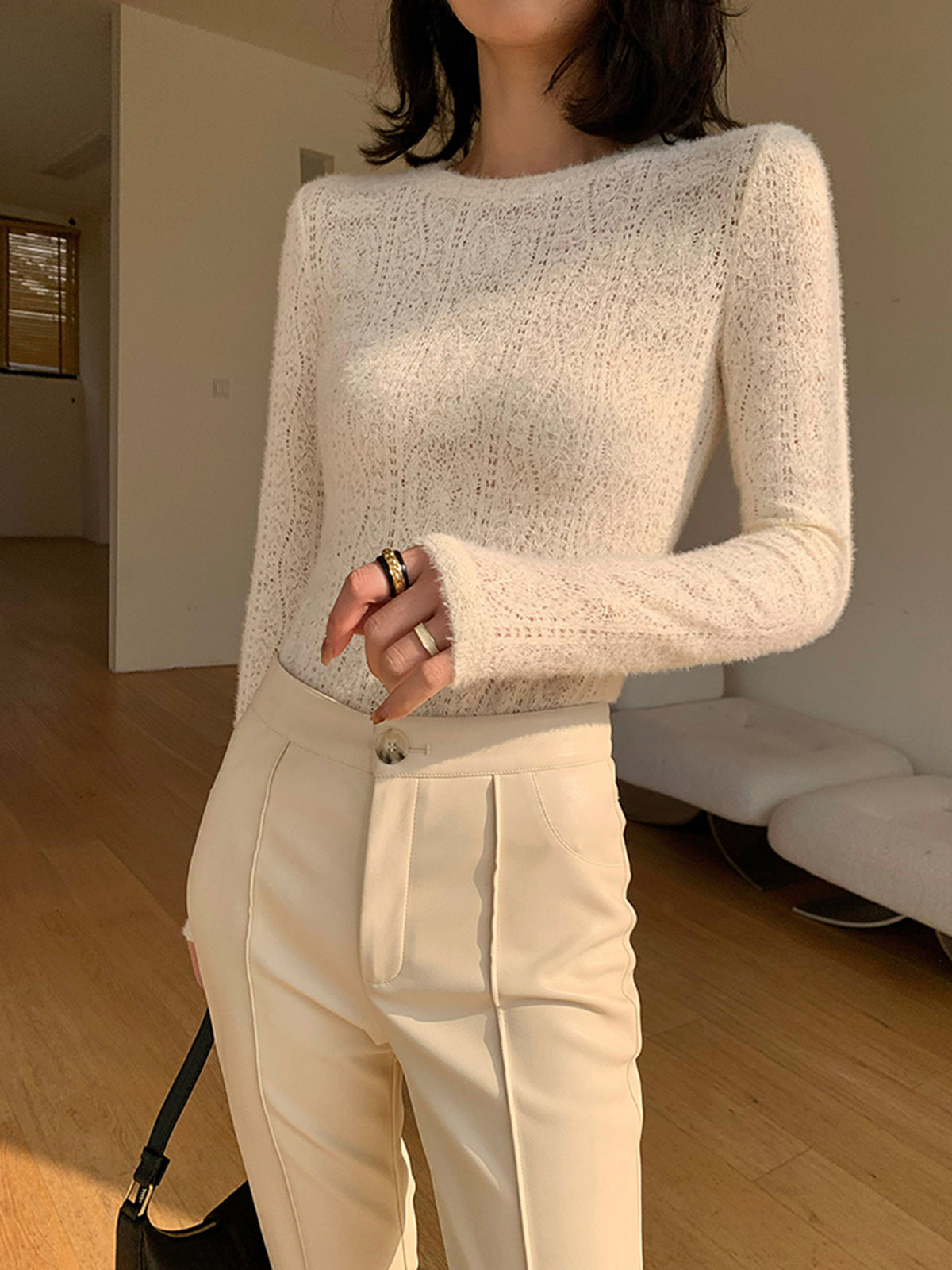 Floral Hollow Knit Crew Neck Long Sleeve Top-Chicvia