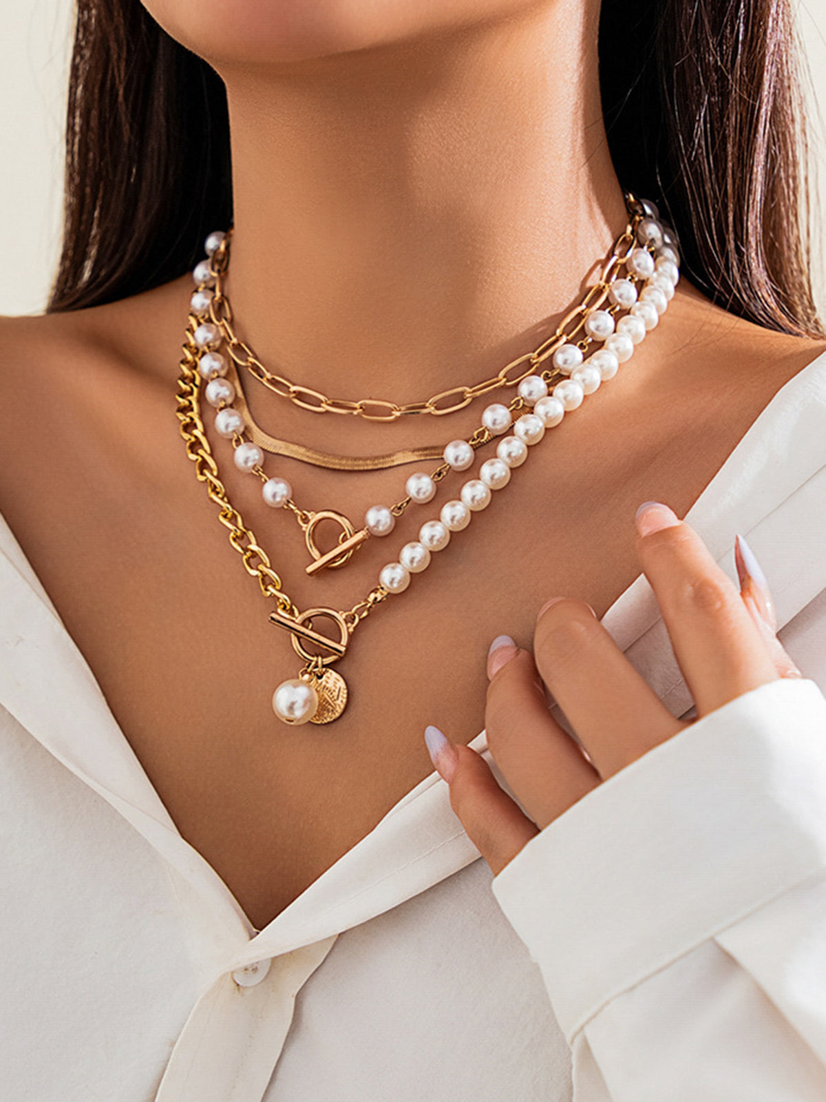 Pearl Decor Chain Layered Necklace-Chicvia