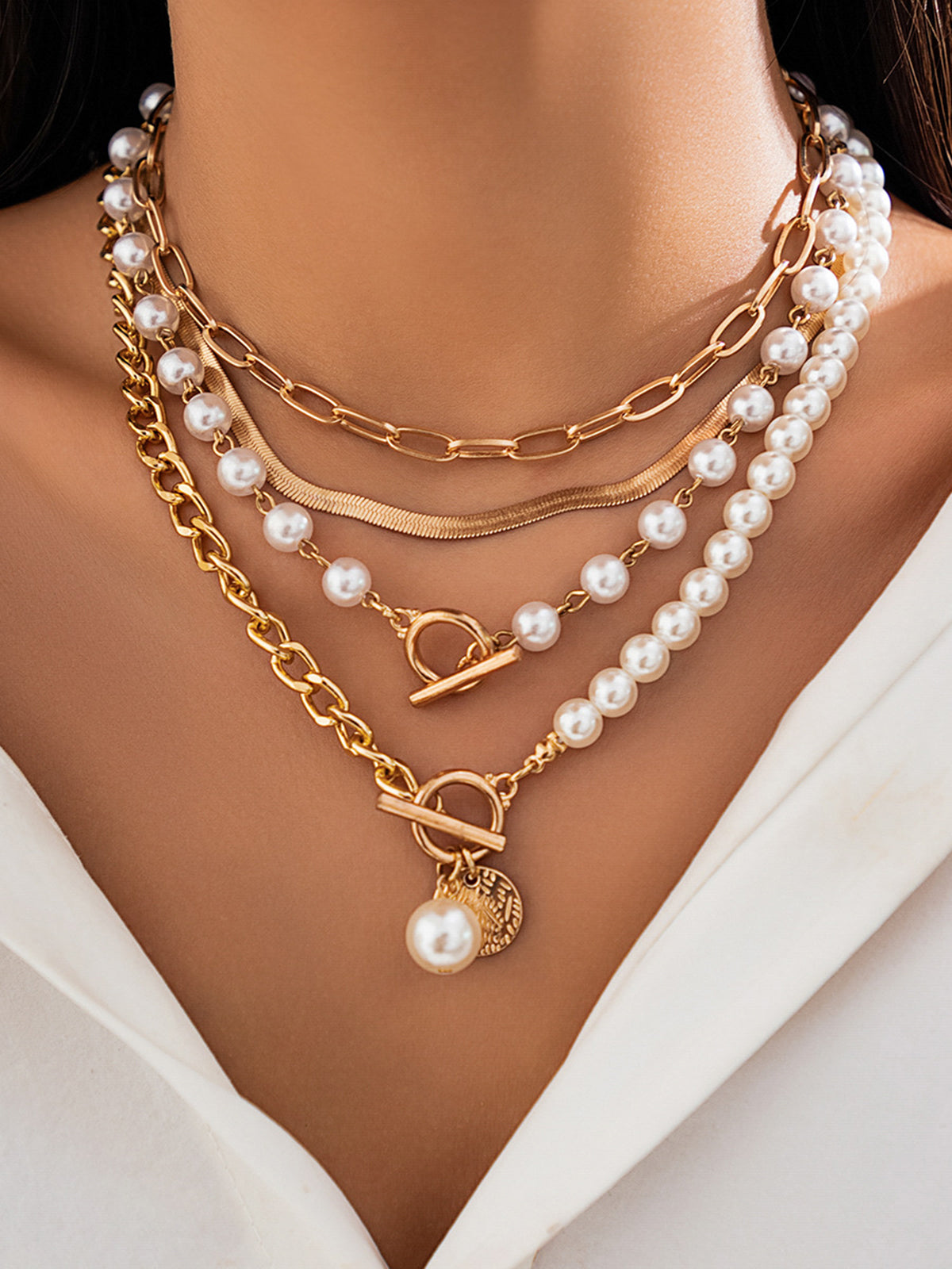 Pearl Decor Chain Layered Necklace-Chicvia