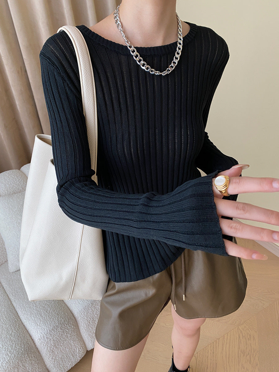 Knit Semi-sheer Long Sleeve Top-Chicvia