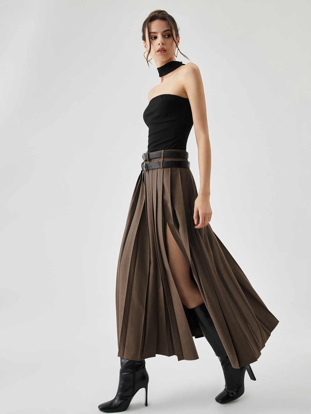 Pleated Split Maxi Skirt Without Belt-Chicvia