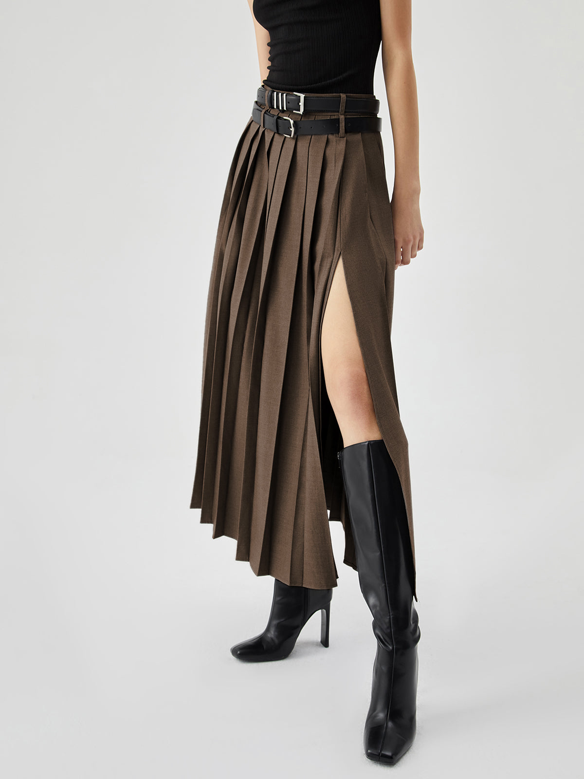 Pleated Split Maxi Skirt Without Belt-Chicvia