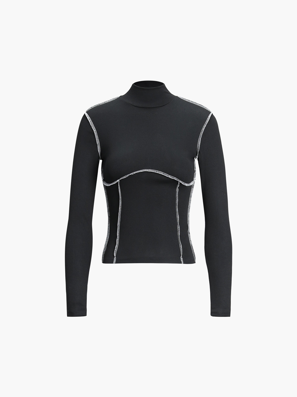 Contrast Trim Mock Neck Long Sleeve Top-Chicvia