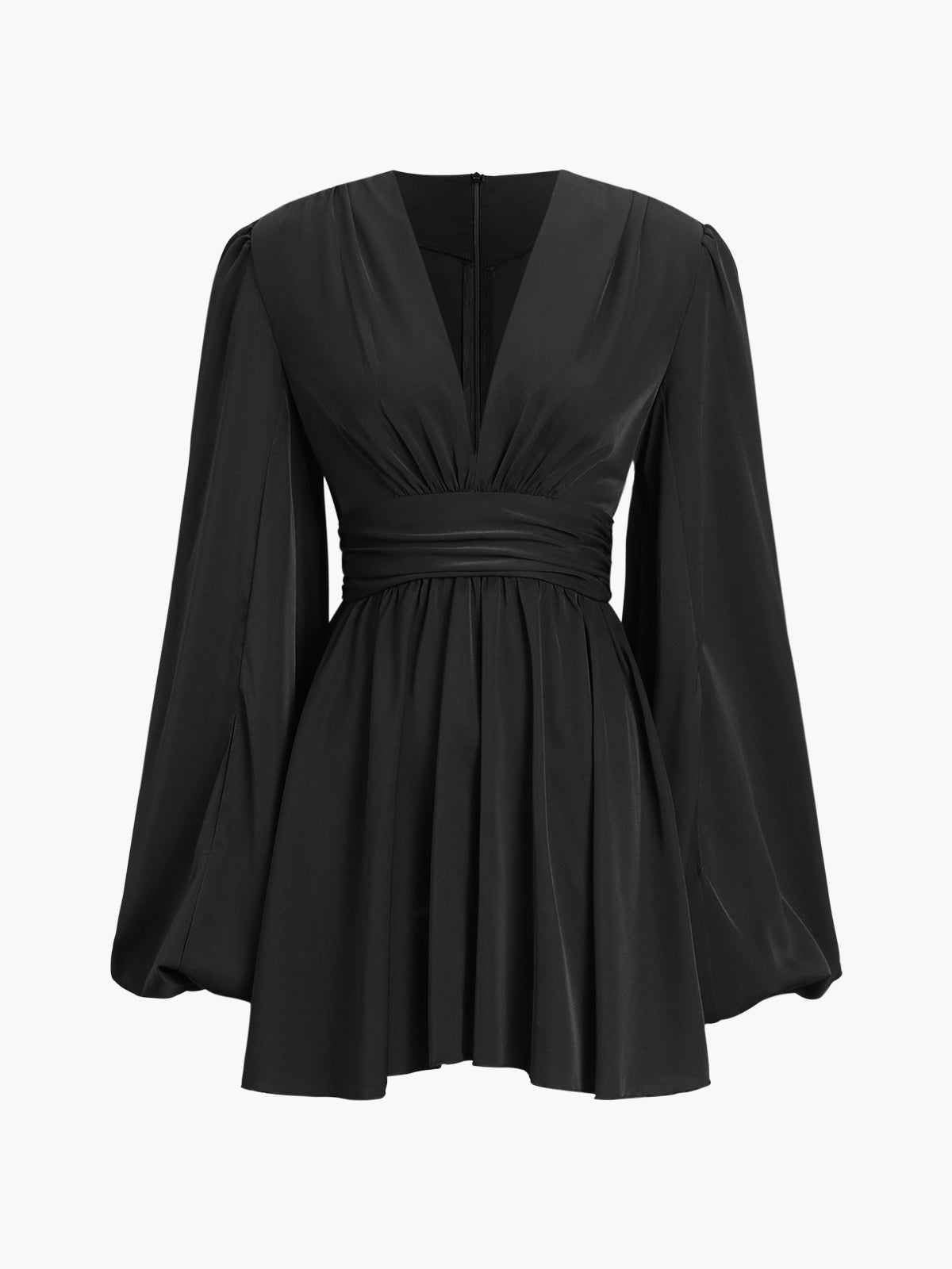 Chiffon Low Cut V-neck Pleated Zip Mini Dress-Chicvia