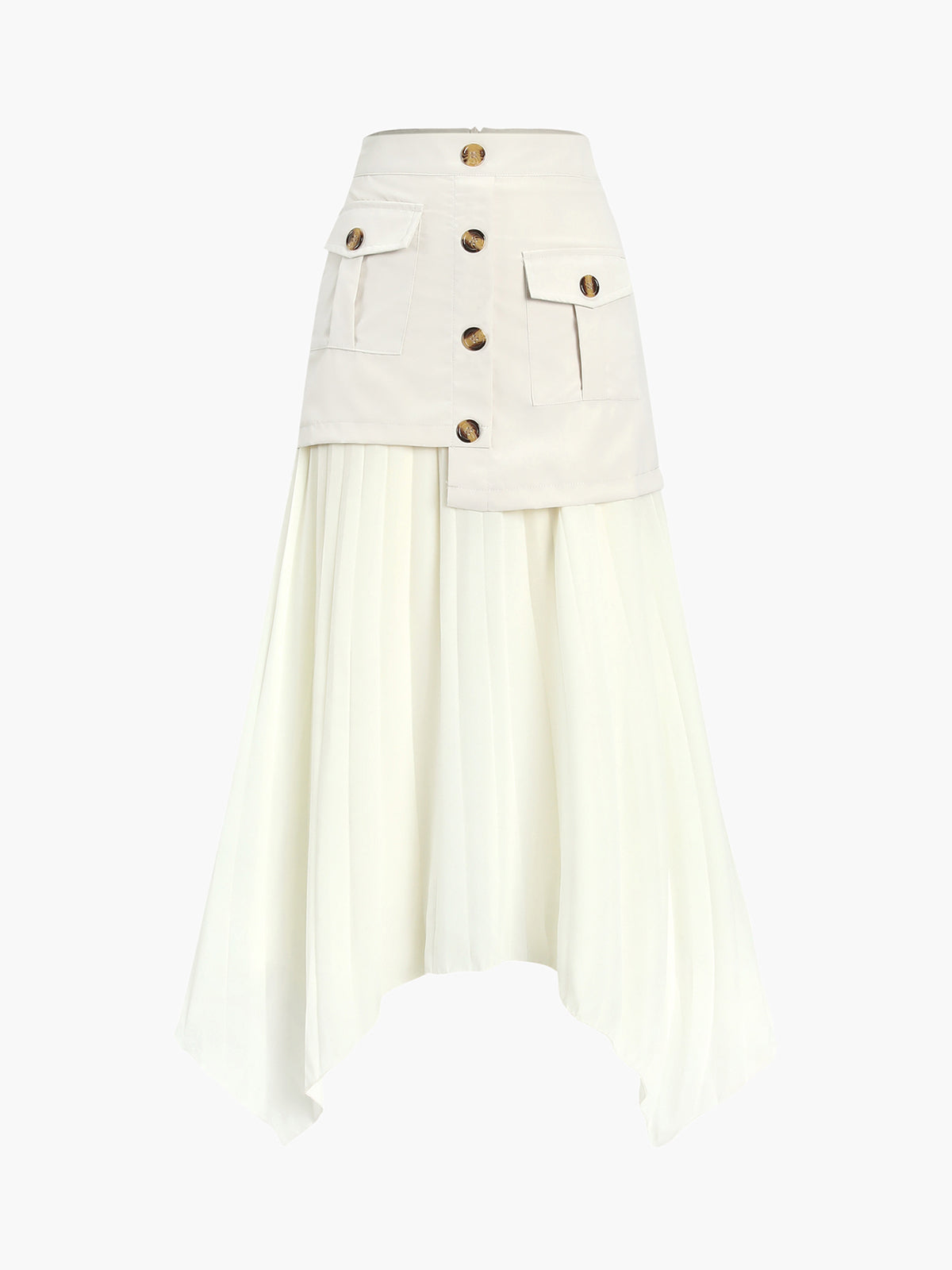 Patchwork Asymmetrical Pleated Buttoned Midi Skirt-Chicvia