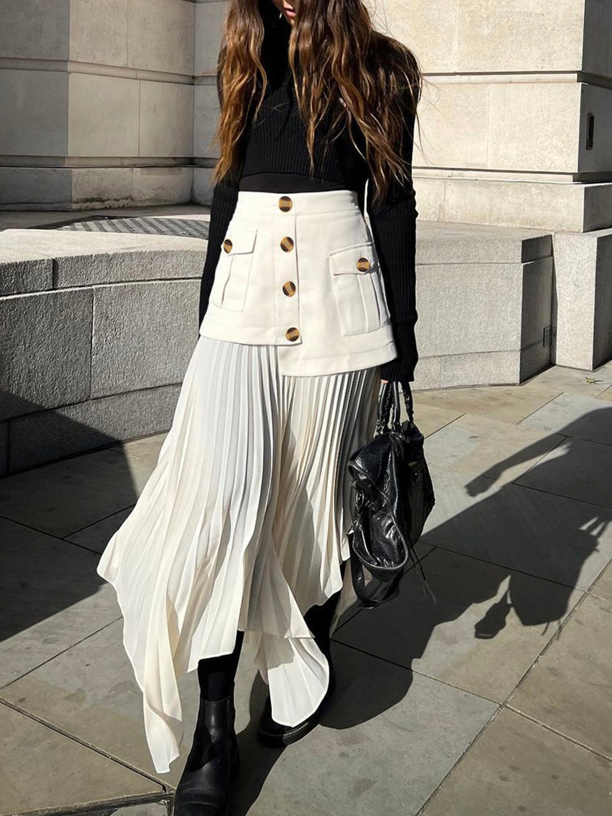 Patchwork Asymmetrical Pleated Buttoned Midi Skirt-Chicvia