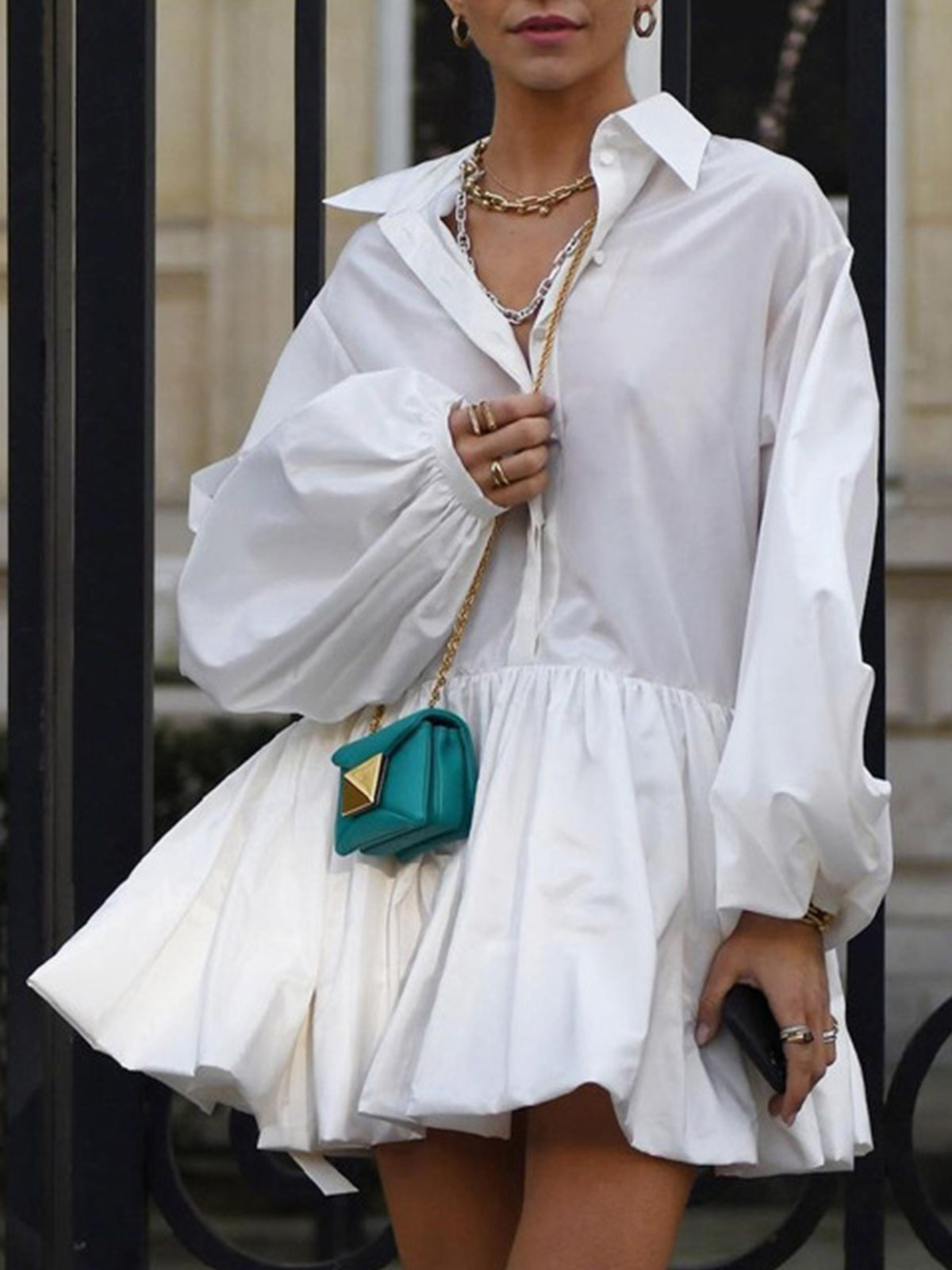 Pleated Long Sleeve Button Up Collar Mini Dress-Chicvia