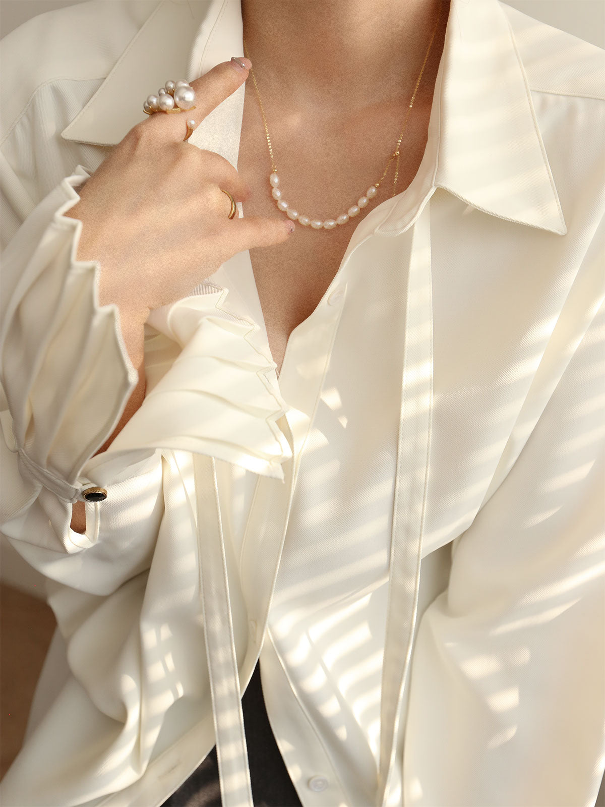 Pleated Cuff Collar Tied Button Shirt-Chicvia