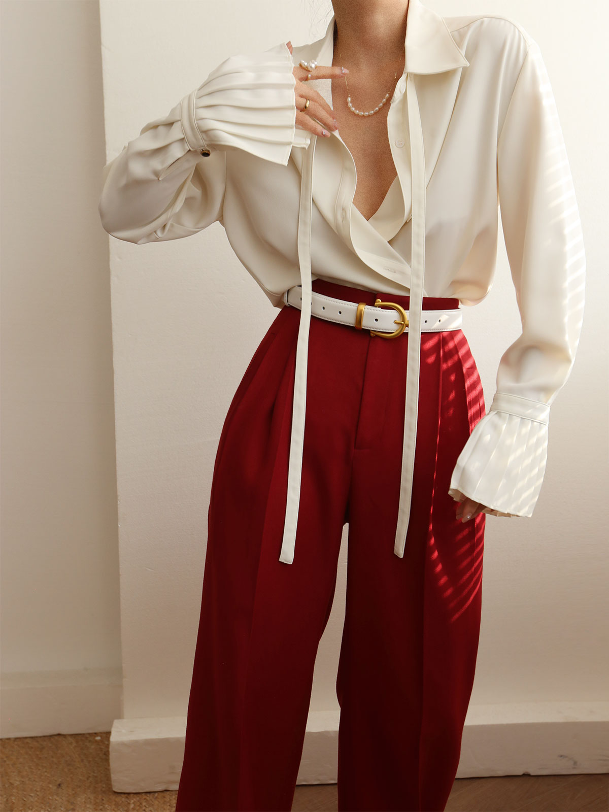 Pleated Cuff Collar Tied Button Shirt-Chicvia