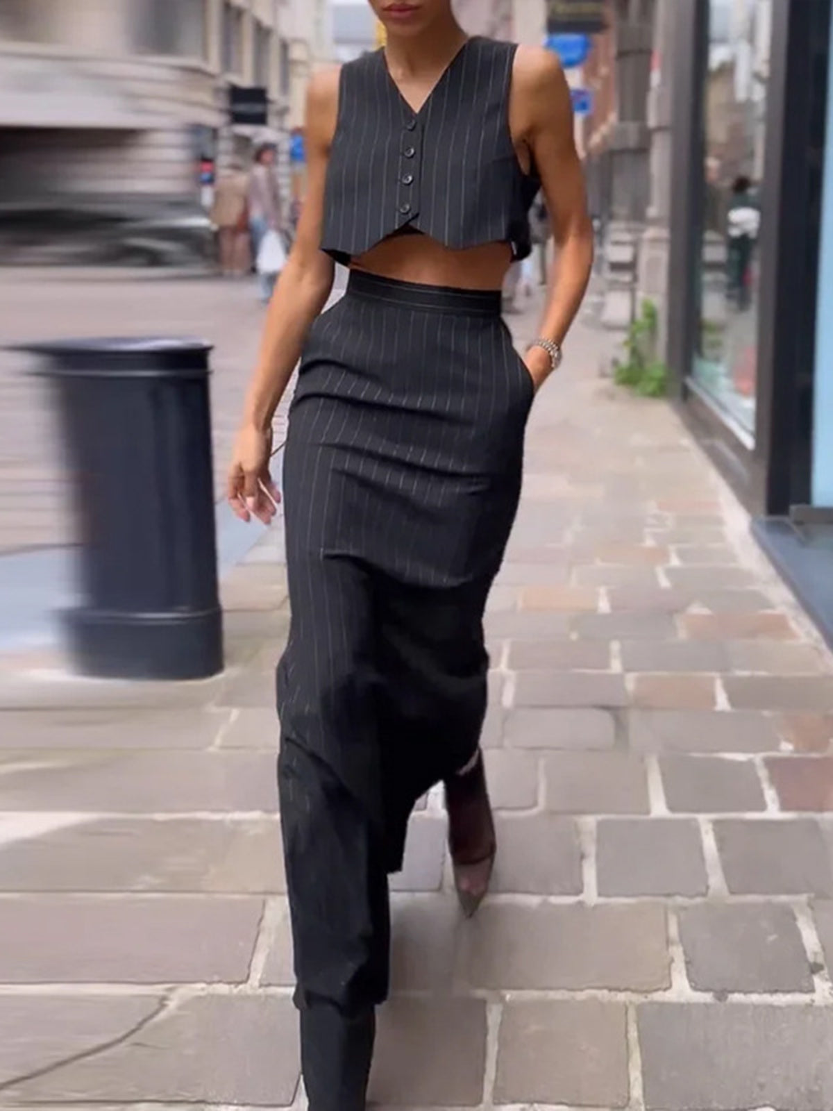 Pinstripe Button Crop Two Pieces Skirt Set-Chicvia