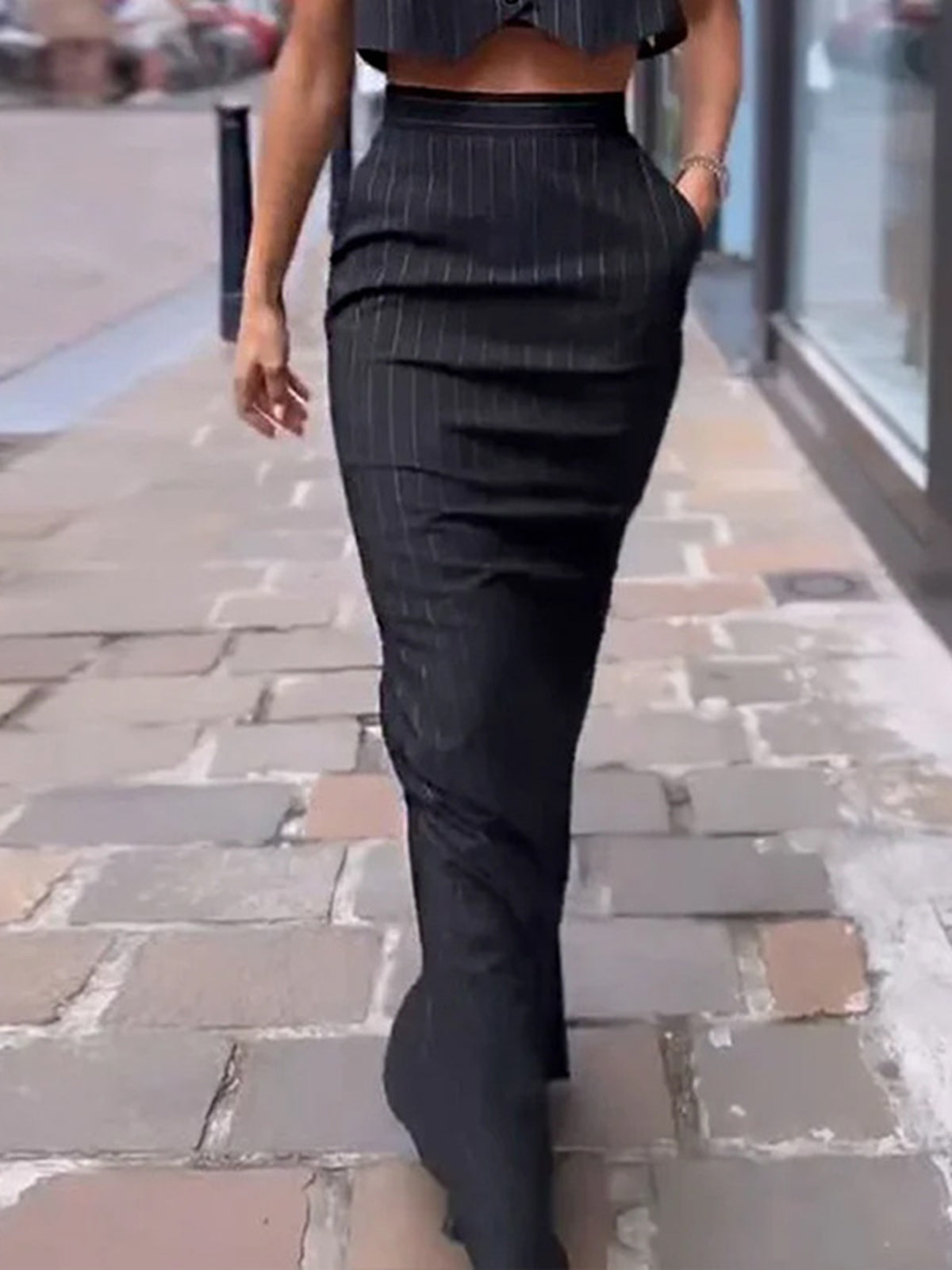 Pinstripe Button Crop Two Pieces Skirt Set-Chicvia