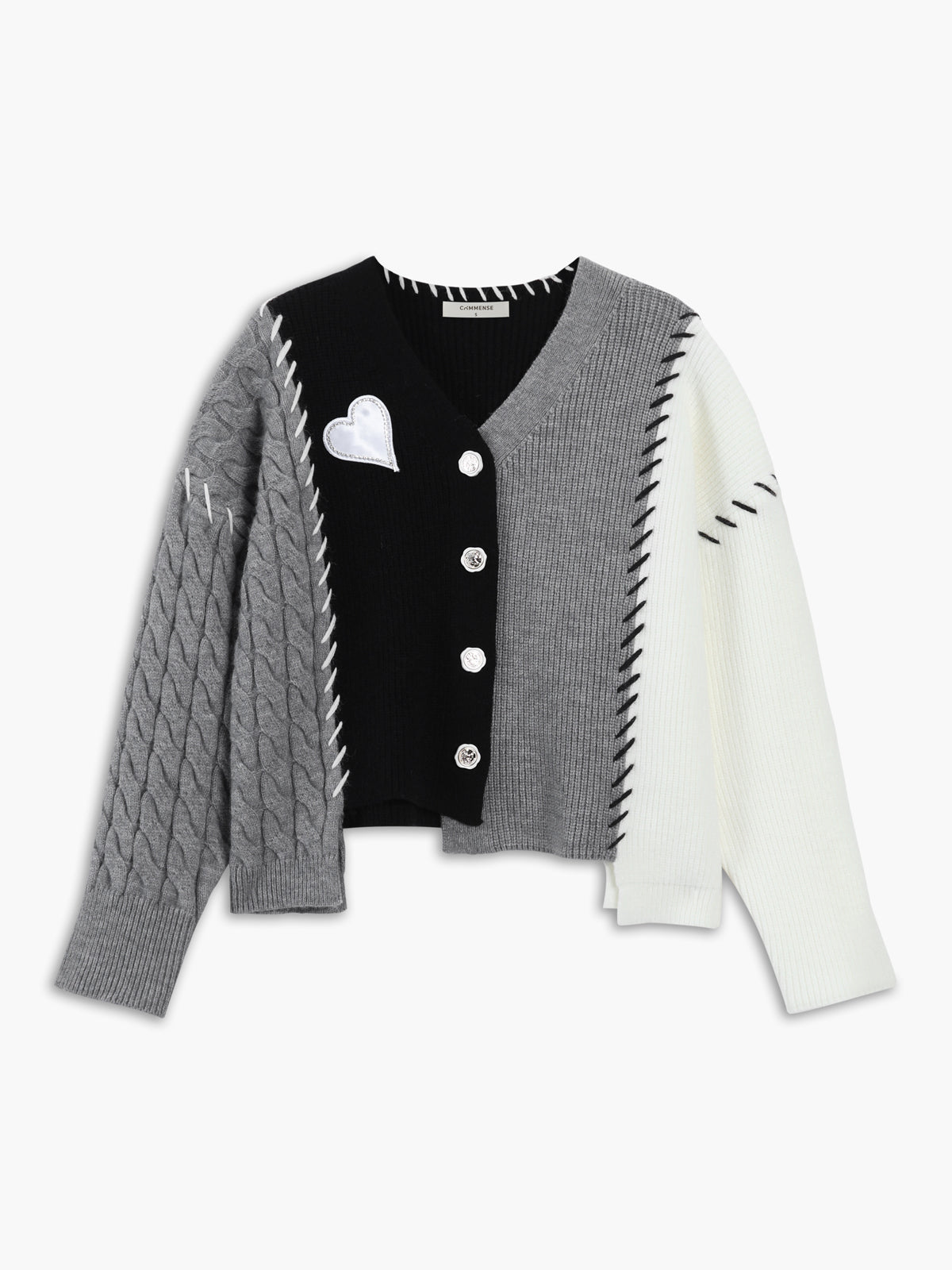 Patchwork Cable Knit Contrast Stitch Cardigan-Chicvia