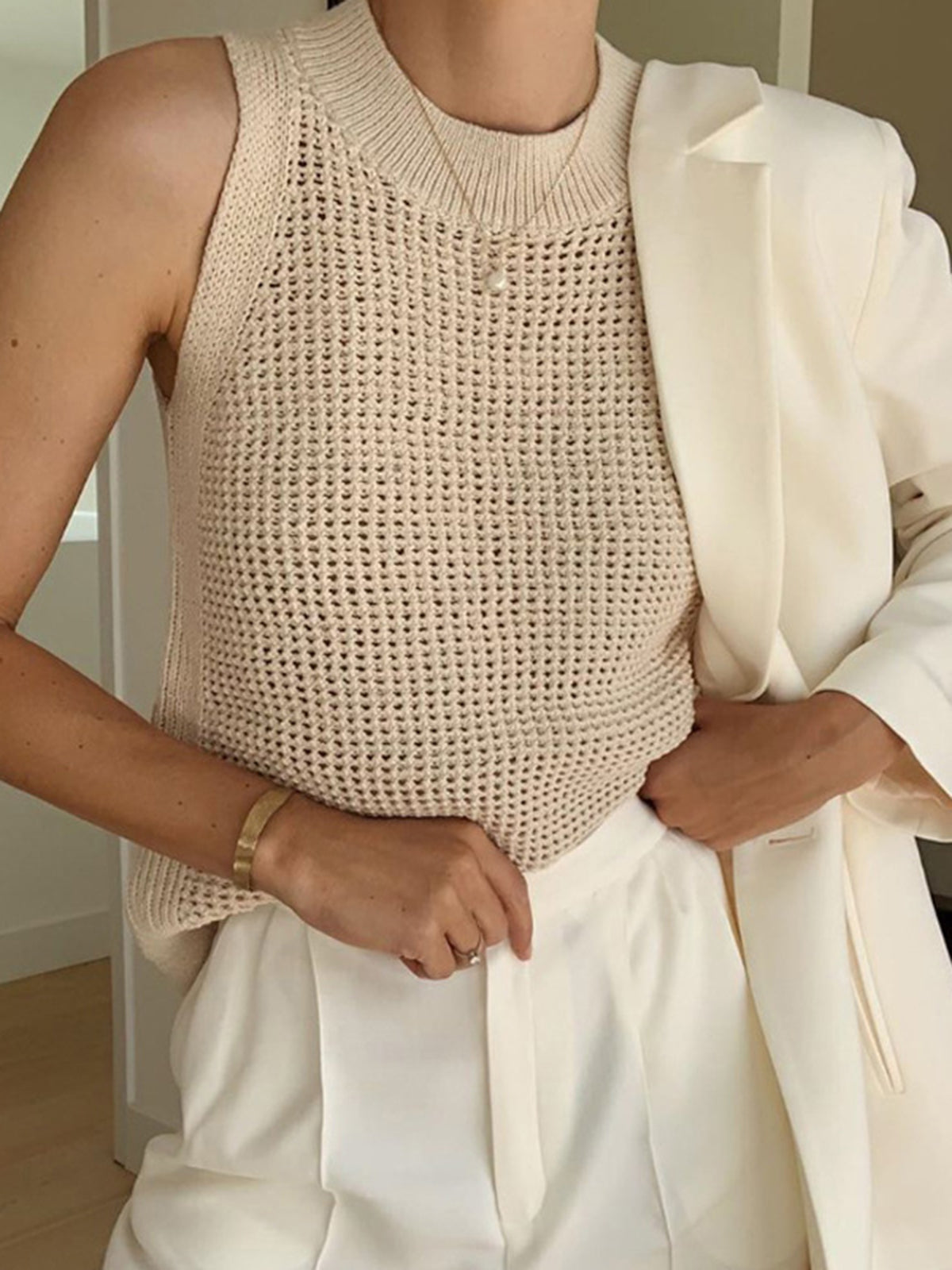 Knit Hollow Solid Tank Top-Chicvia