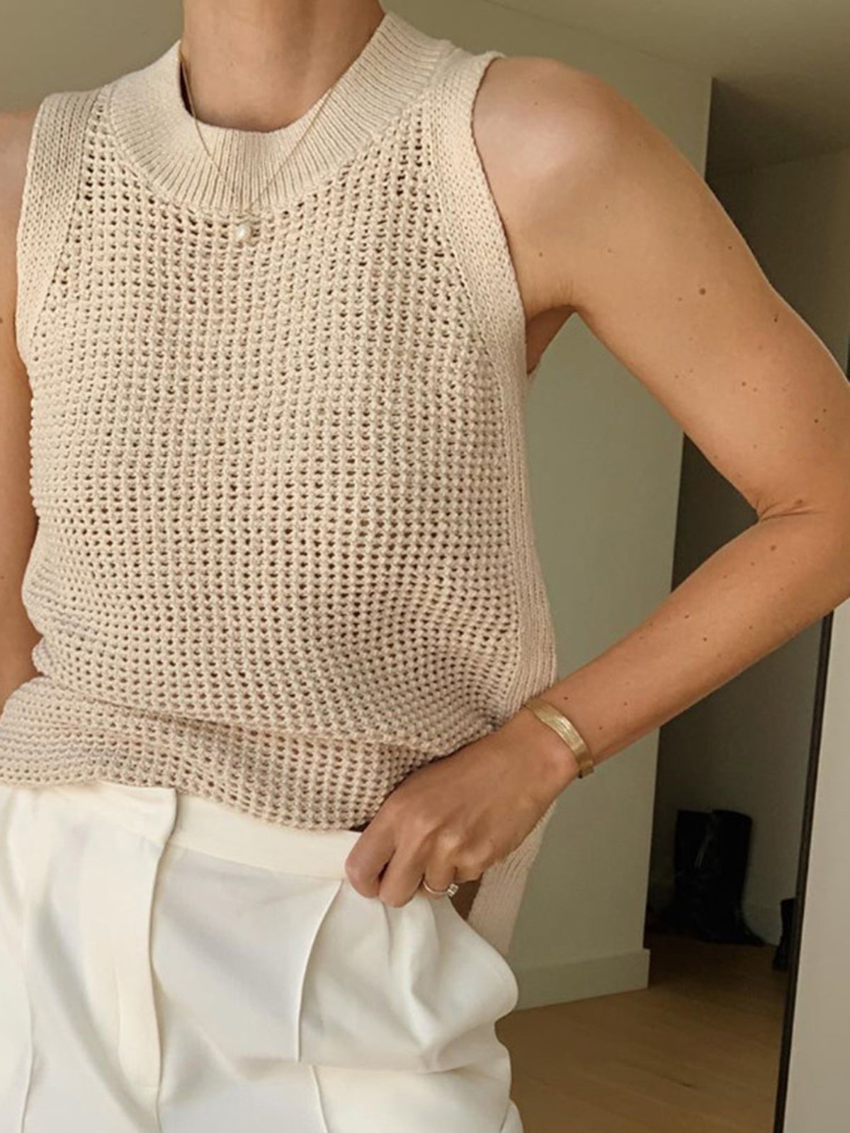 Knit Hollow Solid Tank Top-Chicvia