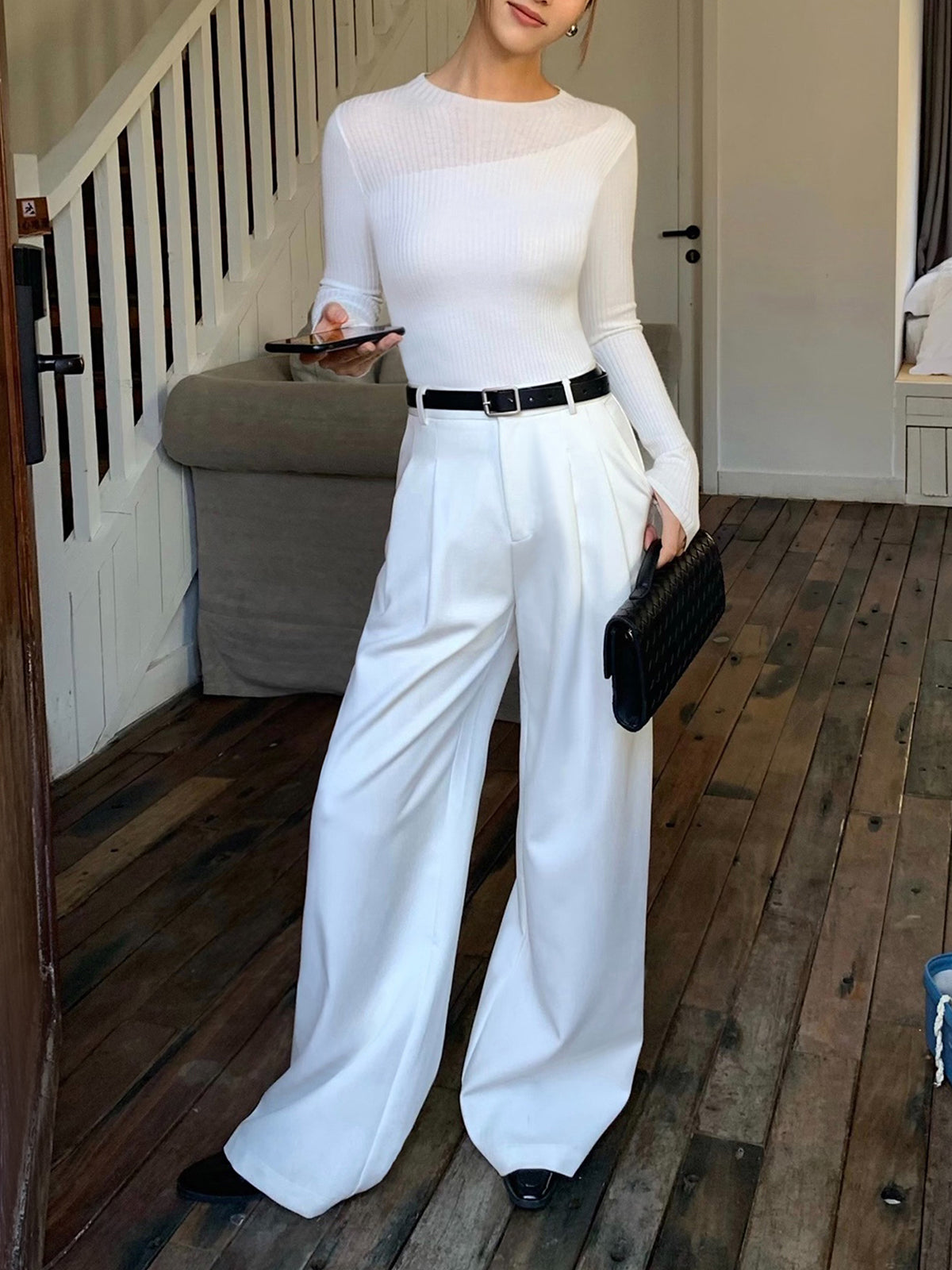 Knit Ribbed Crew Neck Asymmetric Top-Chicvia